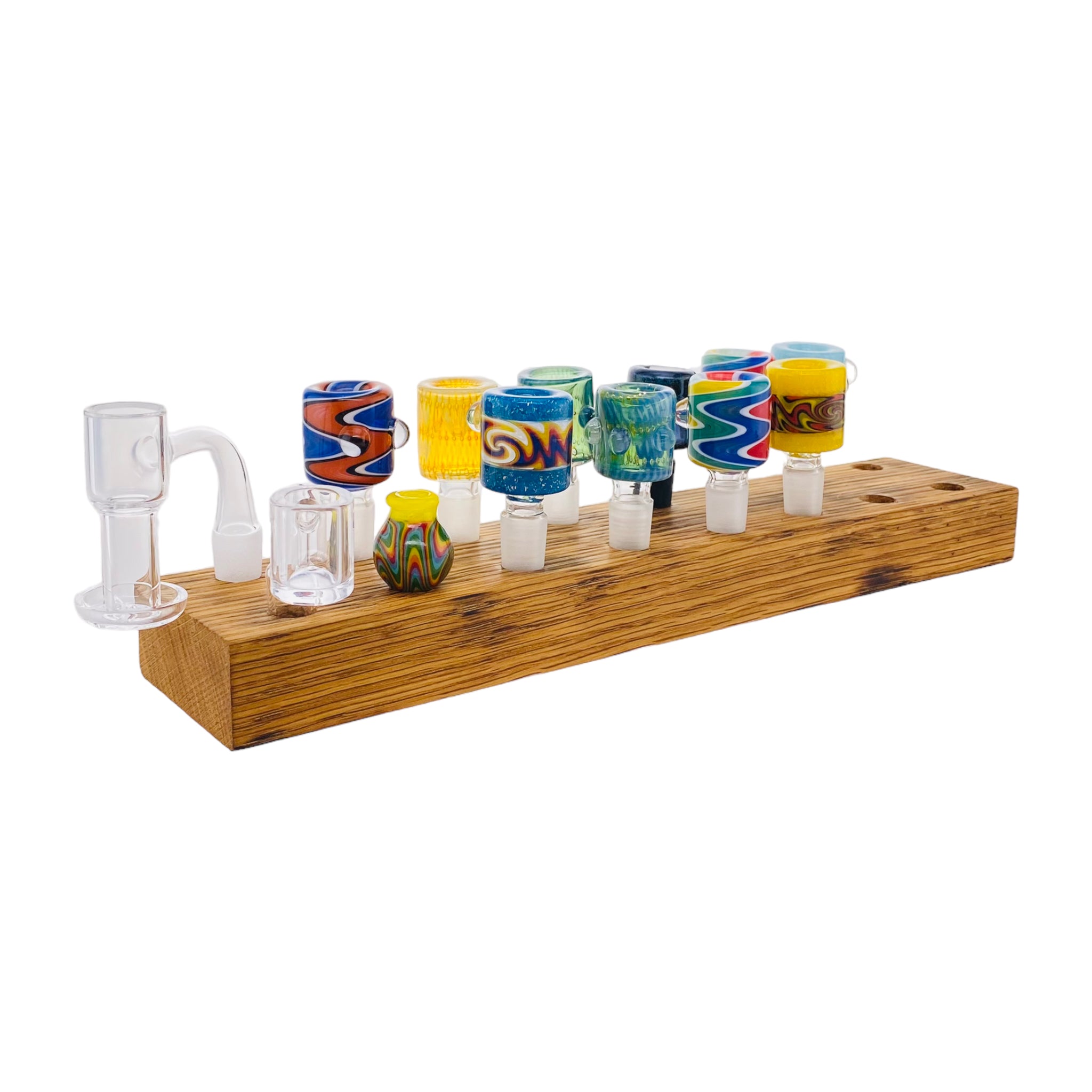 16 Hole Wood Display Stand Holder For 14mm Bong Bowl Pieces Or Quartz Bangers - Charred White Oak