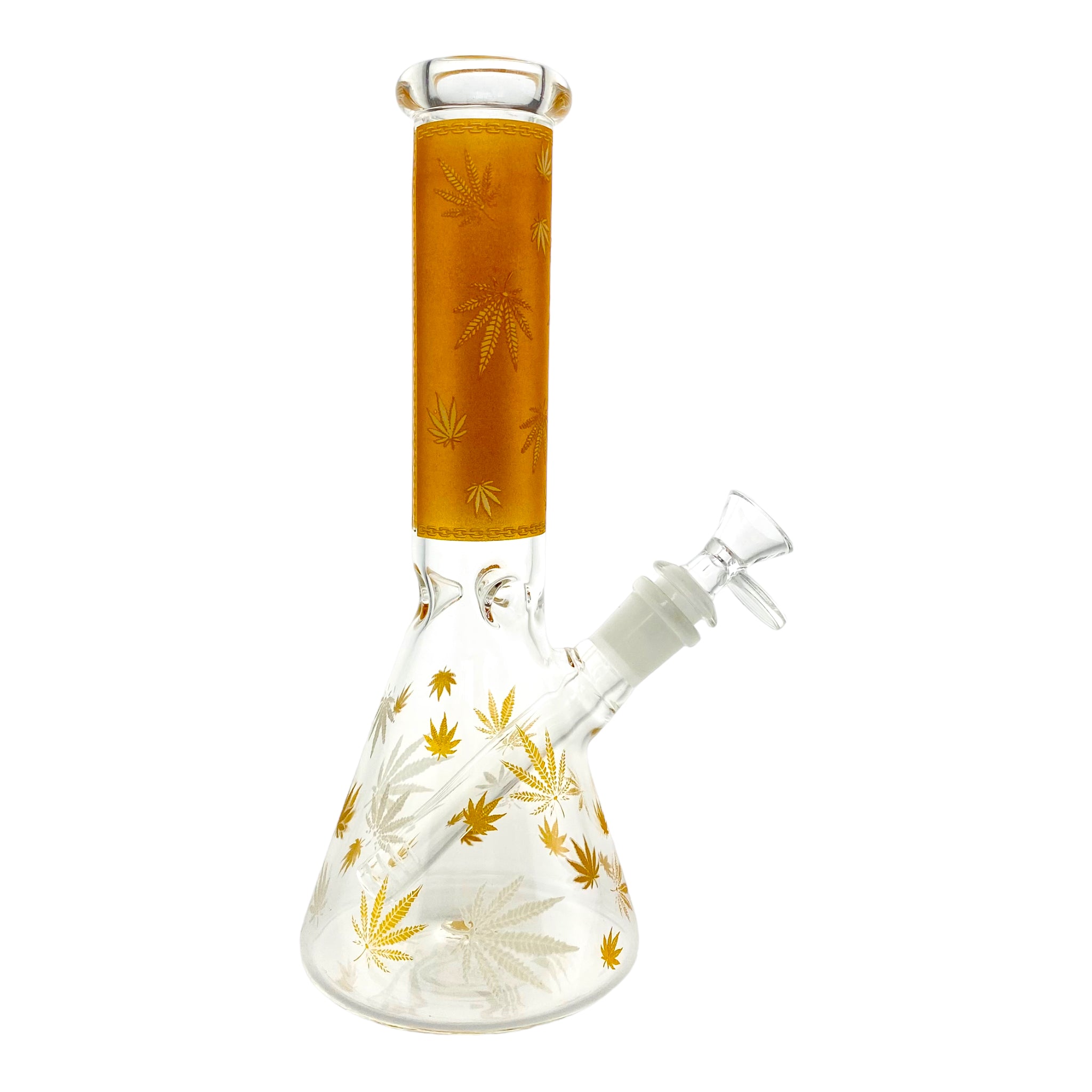 8 Inch Glass Beaker Bong With Decorative Yellow Weed Leaf Decal