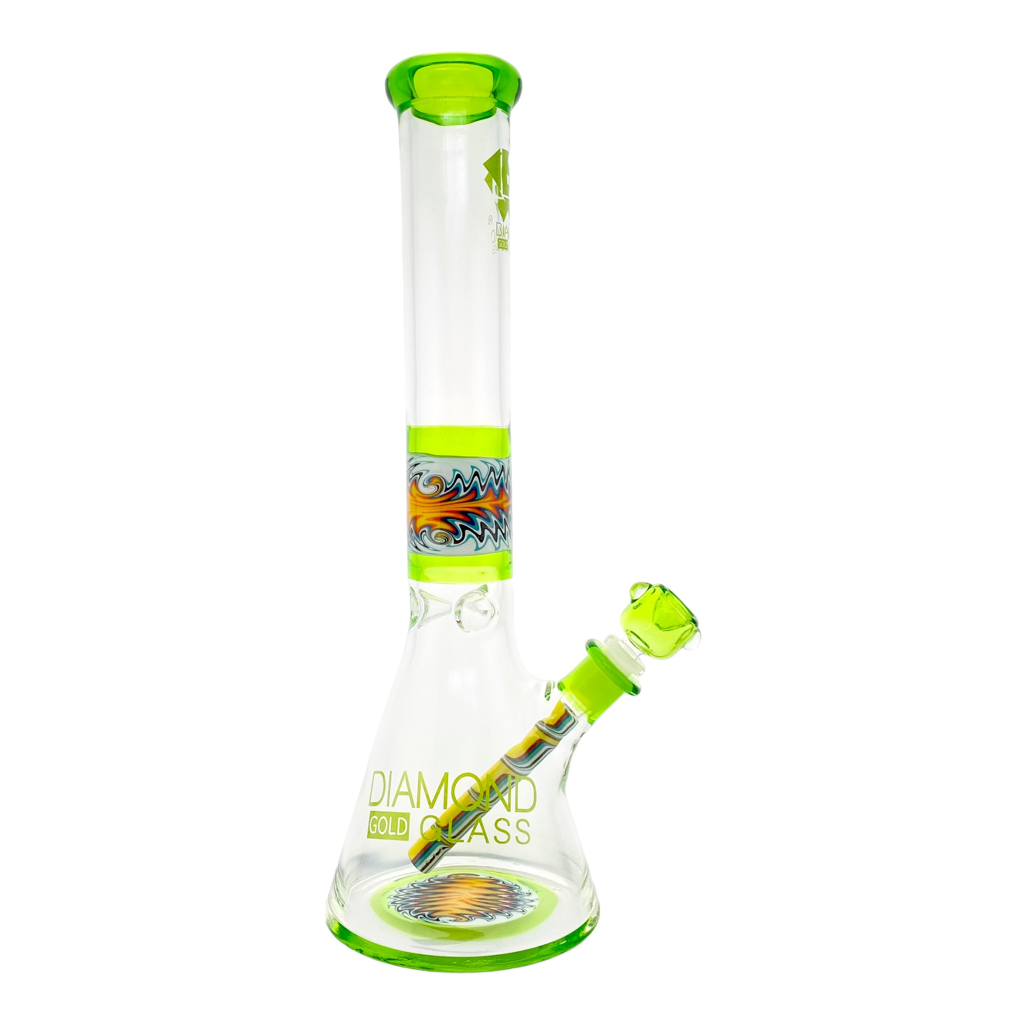 Diamond Glass - 15 Inch Green With Wig Wag Sections Beaker Bong