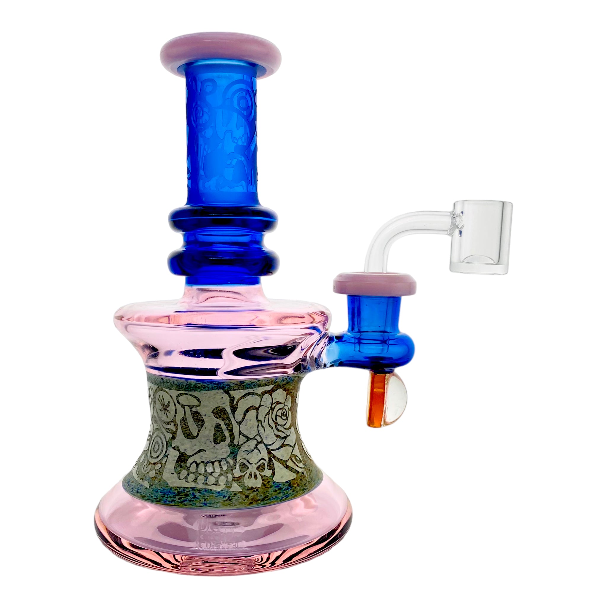 Pink And Blue Dab Rig With Sand Blasted Skulls And Roses