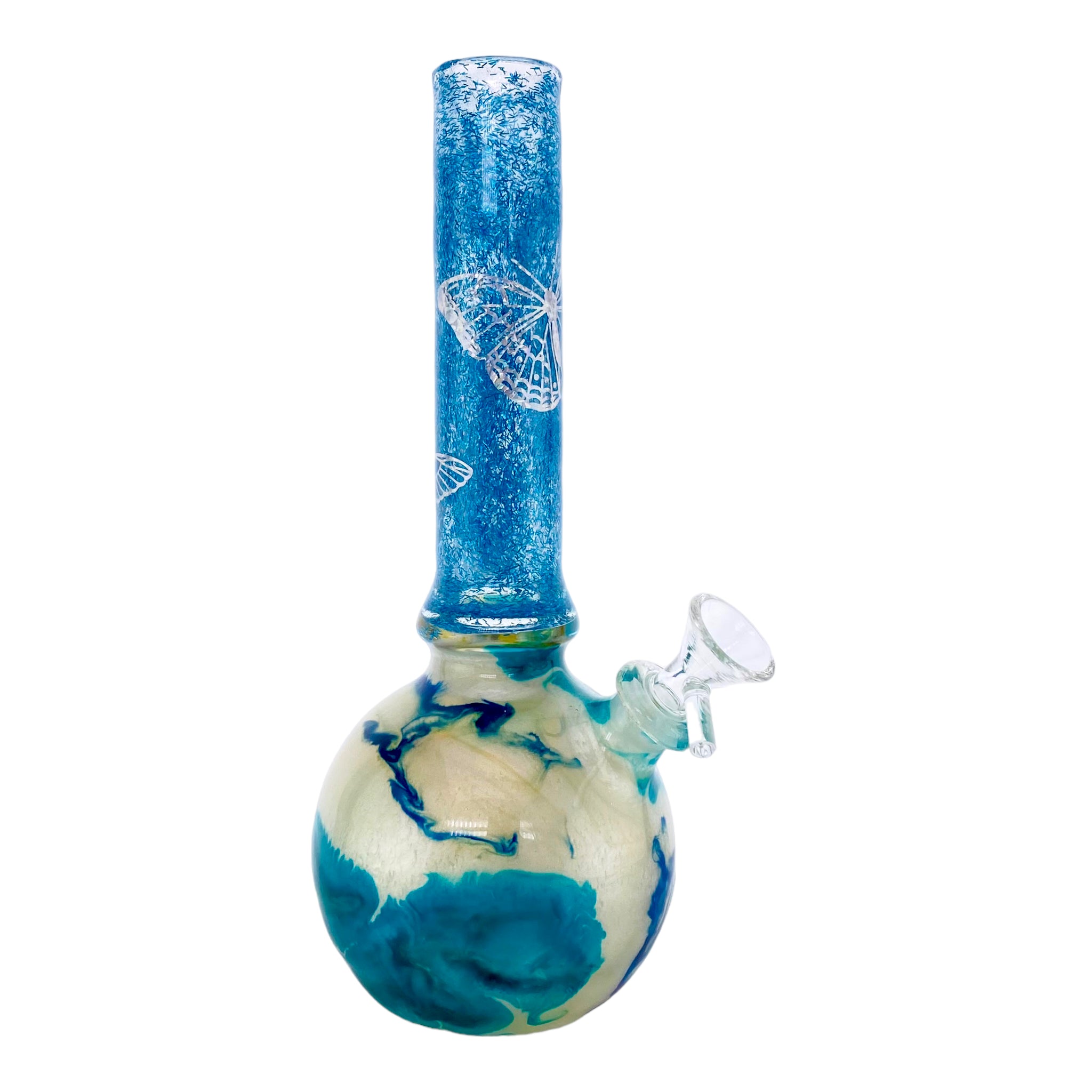 Oregon Blown Glass - Blue Glitter Butterfly Bubble Base Bong