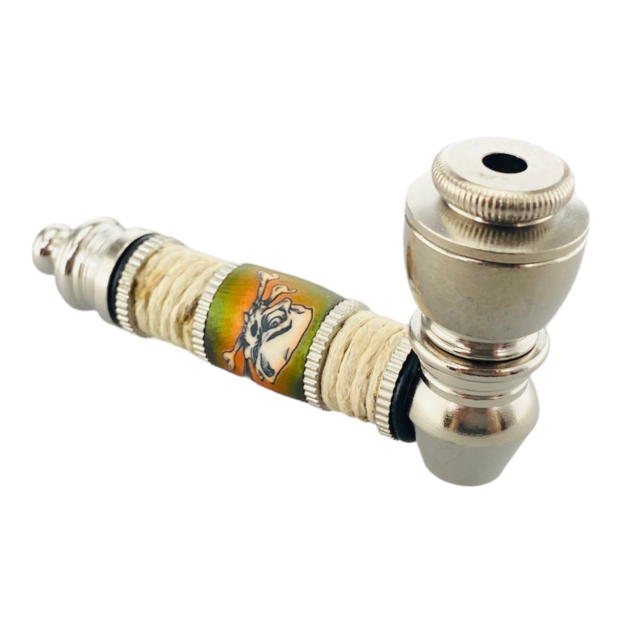 Silver Chrome Hand Pipe With Green Skull And Crossbones