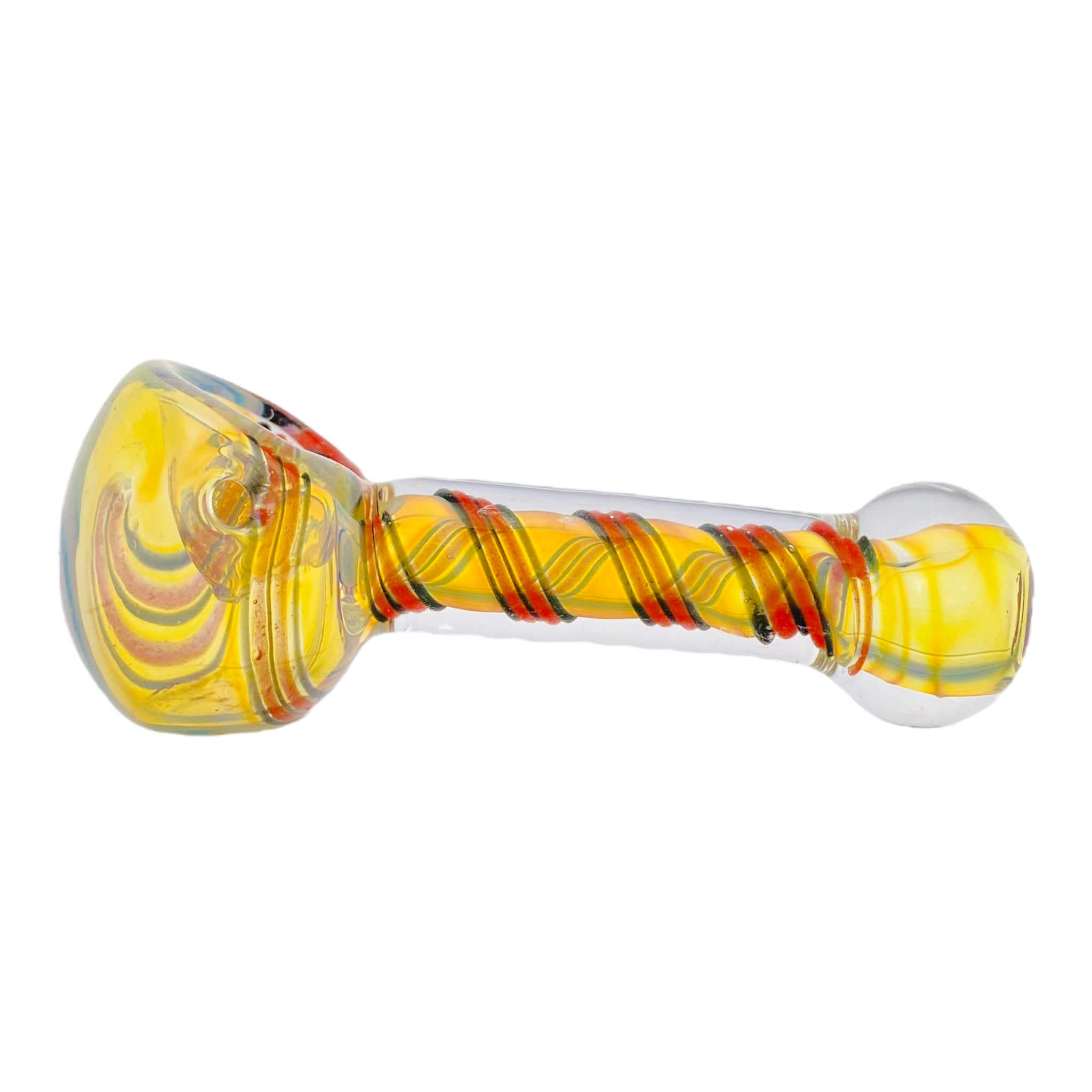Yellow Color Changing Glass Spoon Pipe With Red And Black Linework Twist