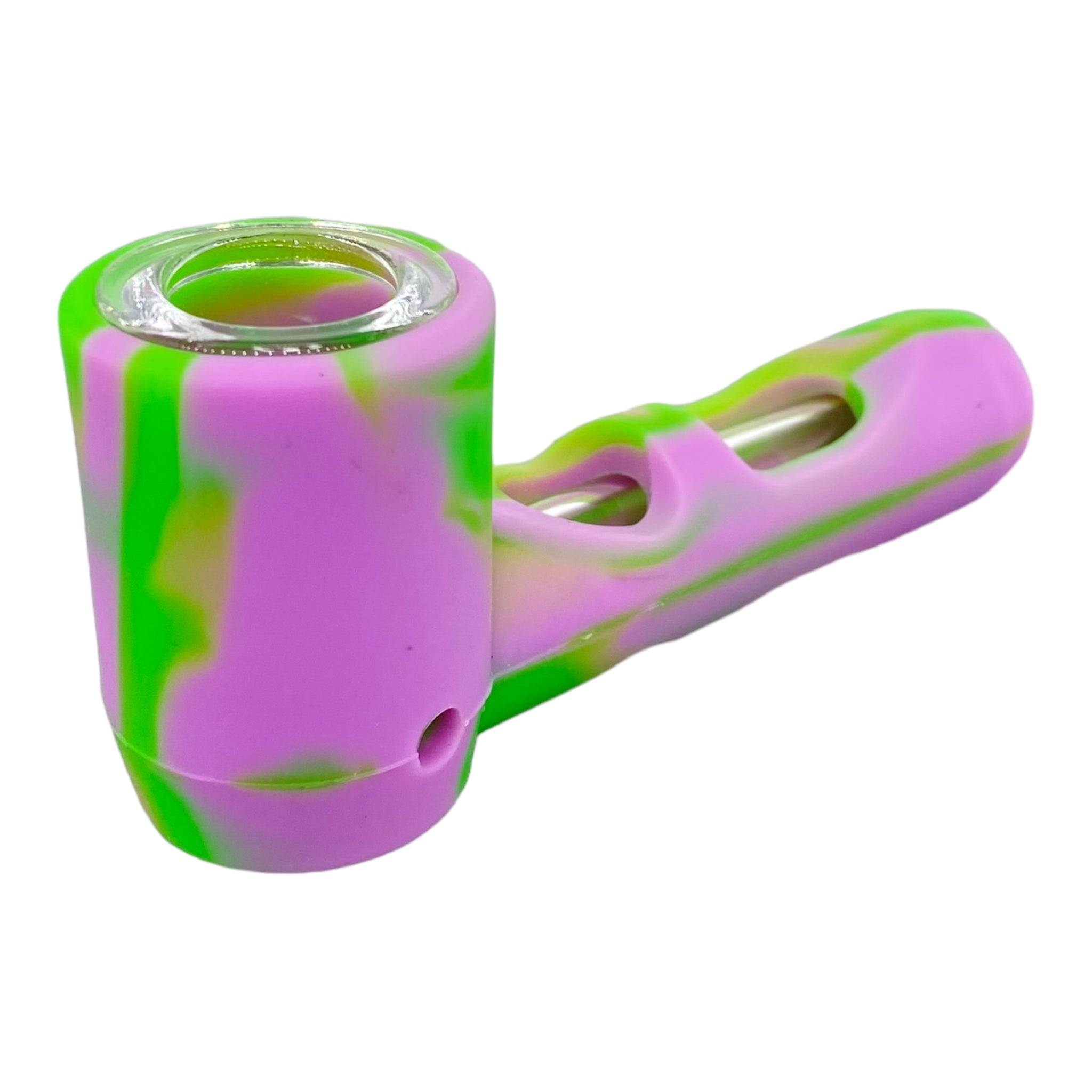 Pink and Green Silcone Hammer Hand Pipe With Multi Hole Glass Bowl