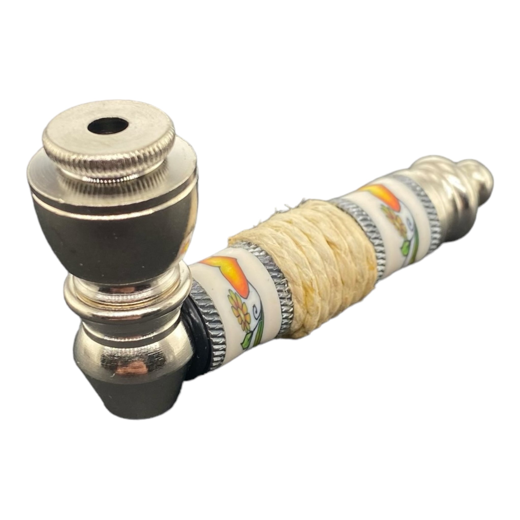 Metal Hand Pipes - Silver Chrome Hand Pipe With Orange Heart And Flowers With Hemp Twist