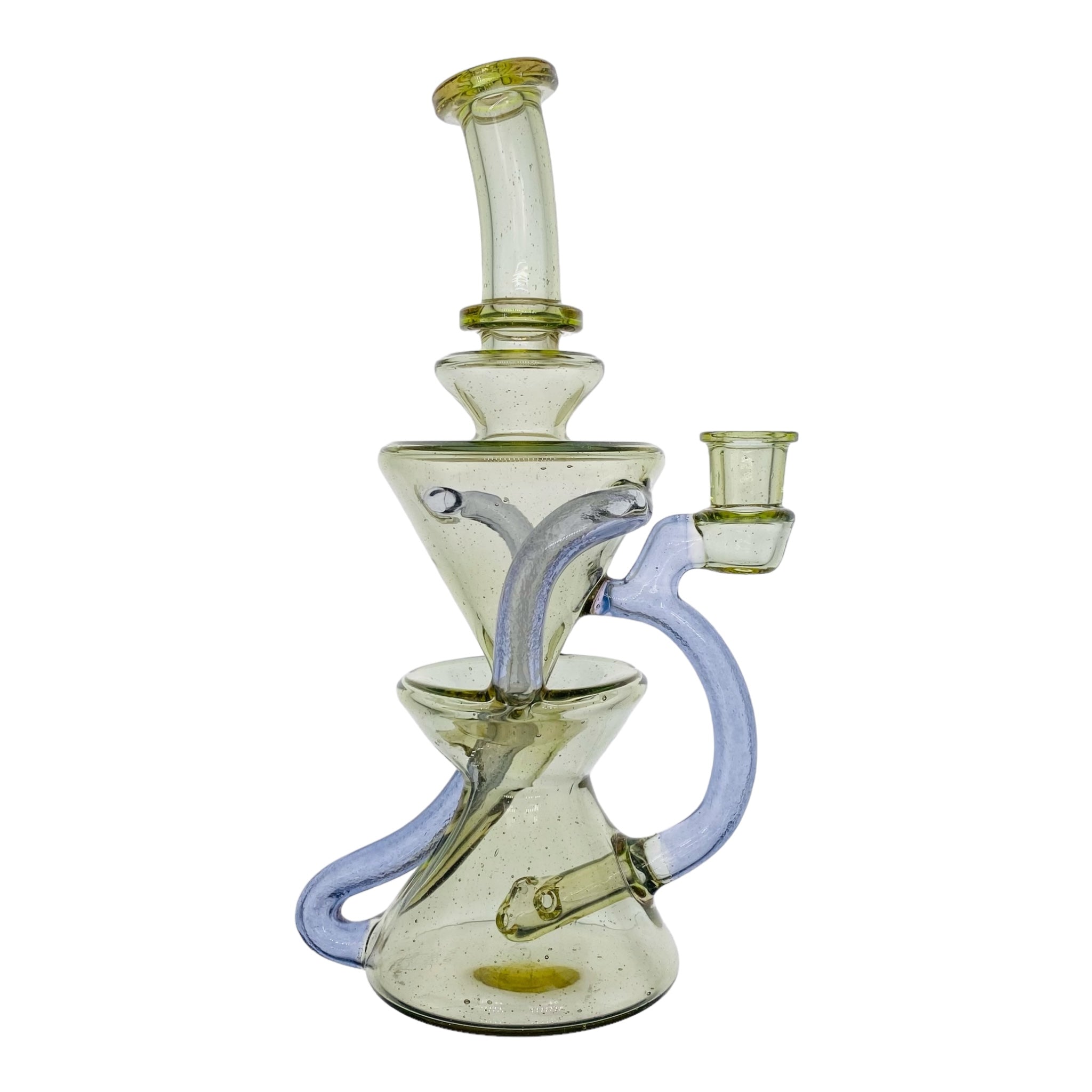 heady glass Captncronic Glass - Double Uptake Recycler Translucent Green With Purple Tubing