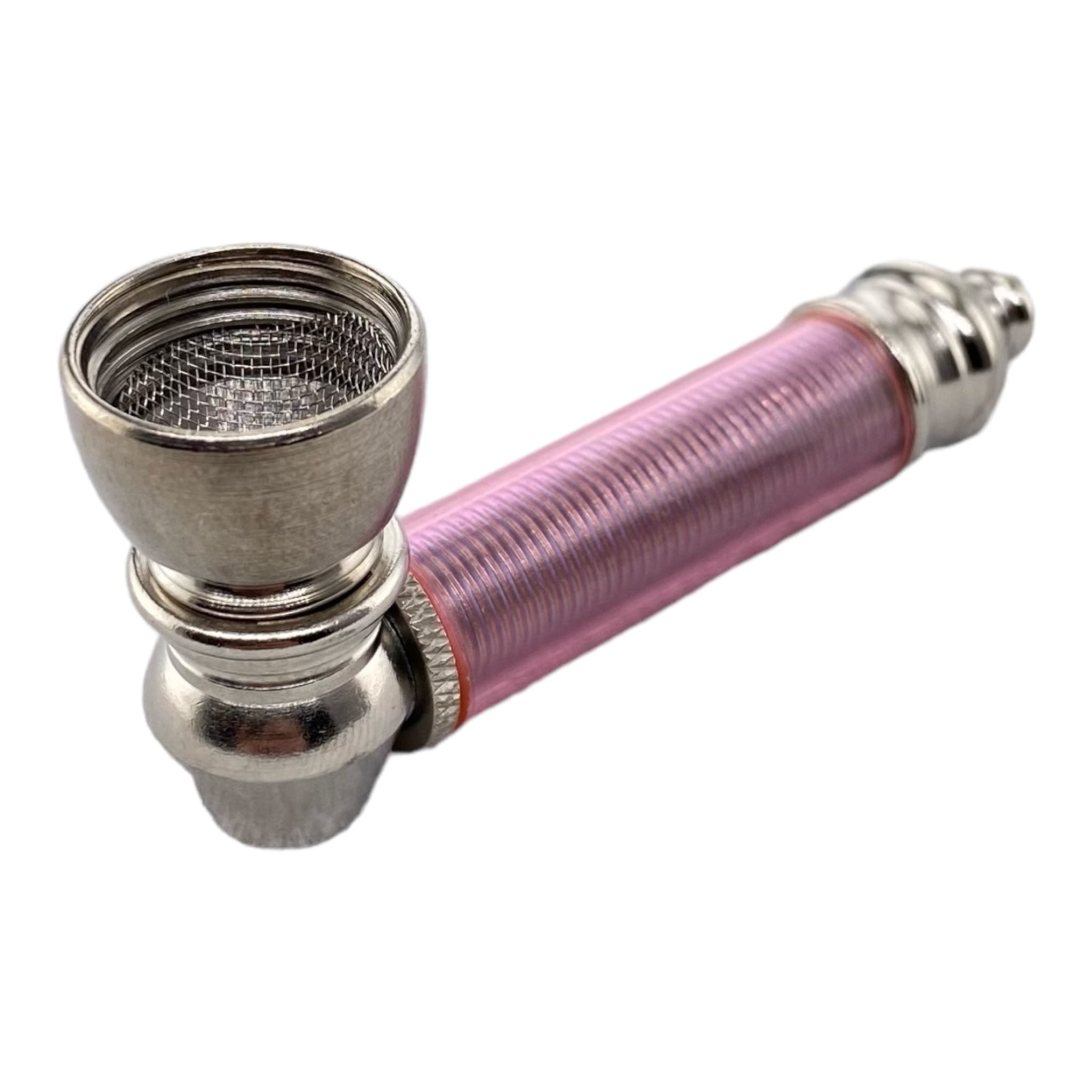 Metal Hand Pipes - Silver Chrome Hand Pipe With Pink Plastic Stem