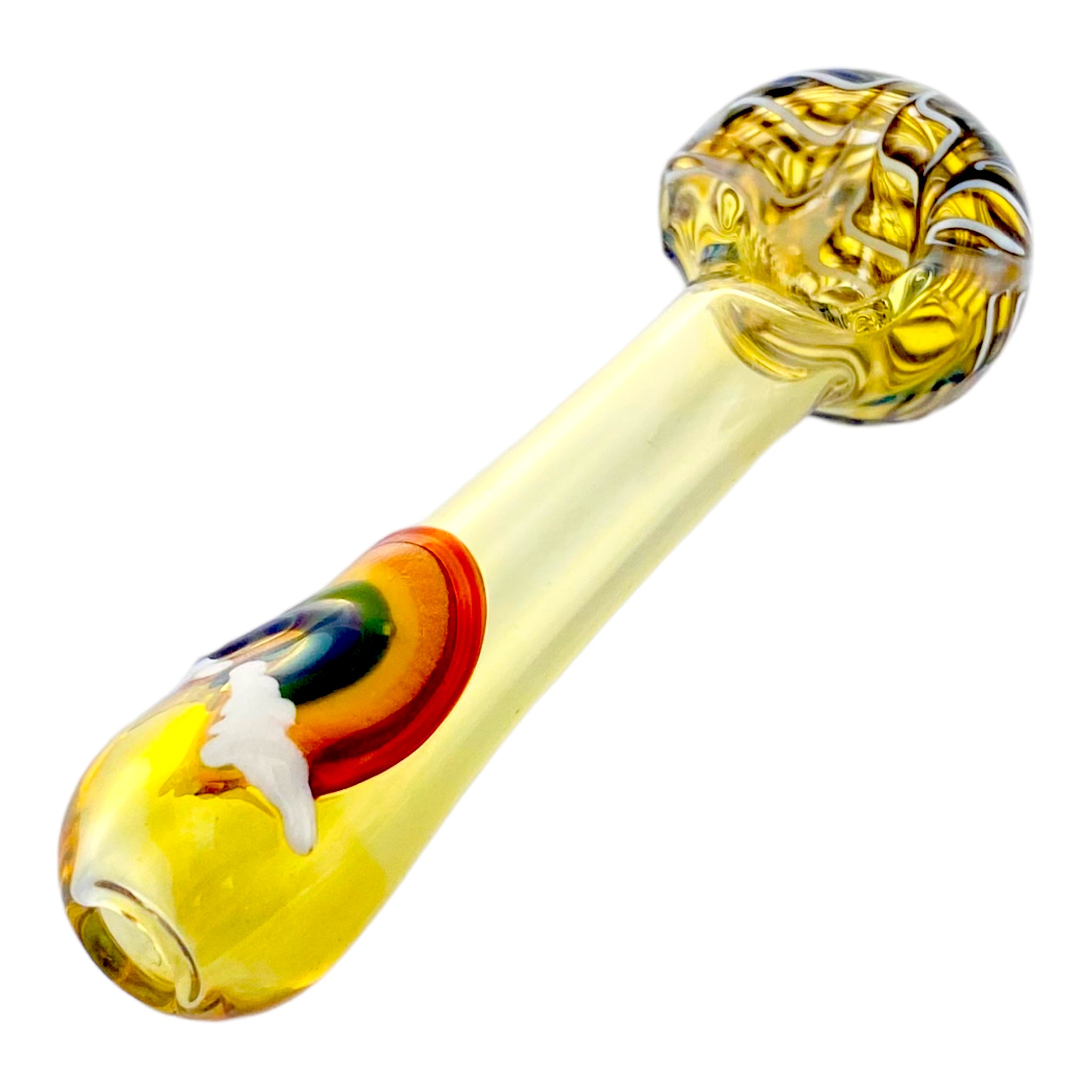 Fumed Glass Hand Pipe With Rainbow And Black Wig Wag Bowl