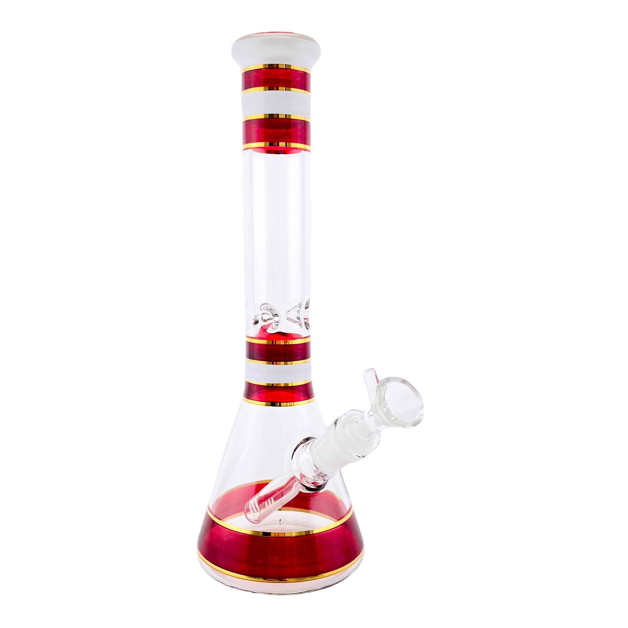 12 Inch Glass Beaker Bong With Red, White, And Gold Accents