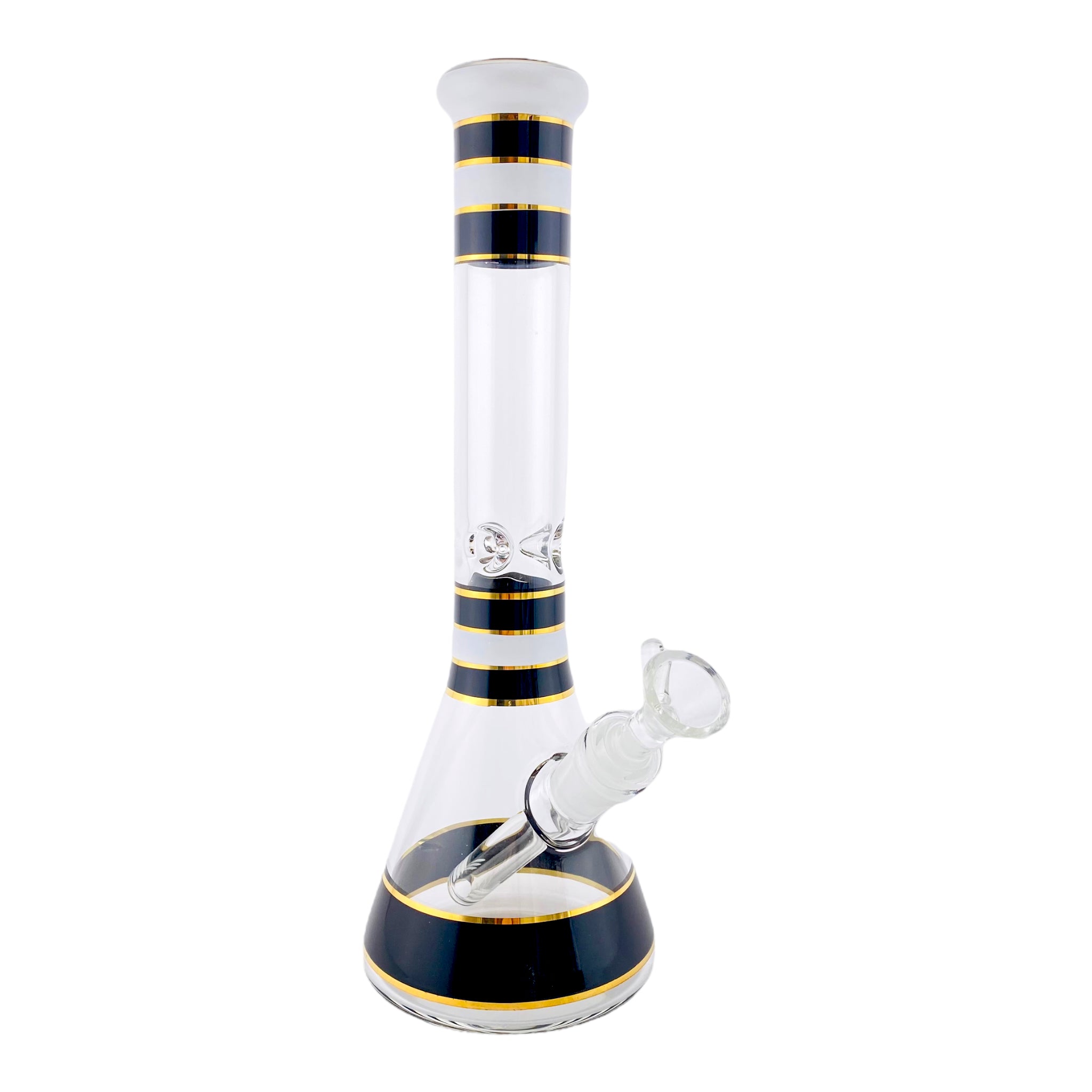 12 Inch Glass Beaker Bong With Black, White, And Gold Accents