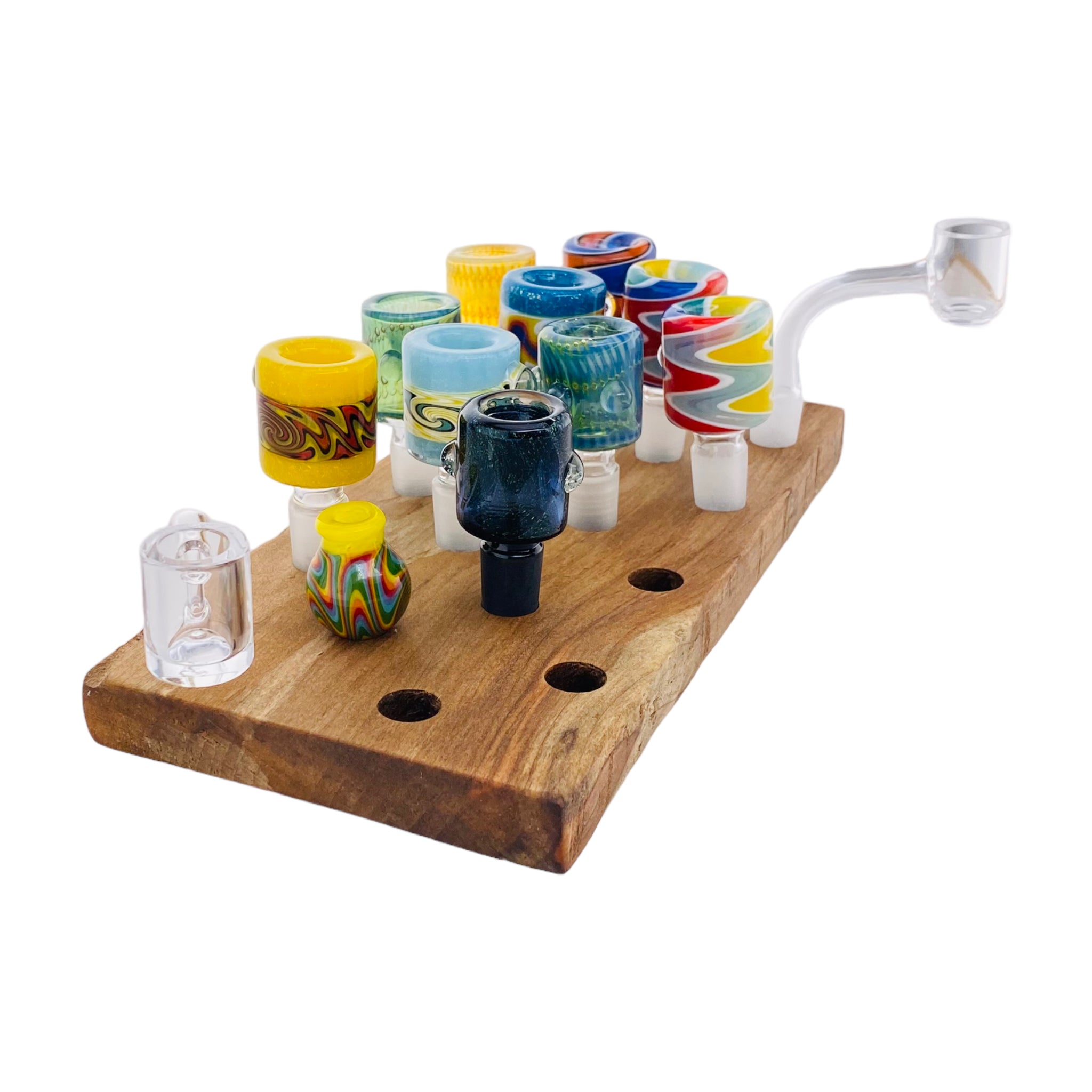 16 Hole Wood Display Stand Holder For 14mm Bong Bowl Pieces Or Quartz Bangers - Drift Wood