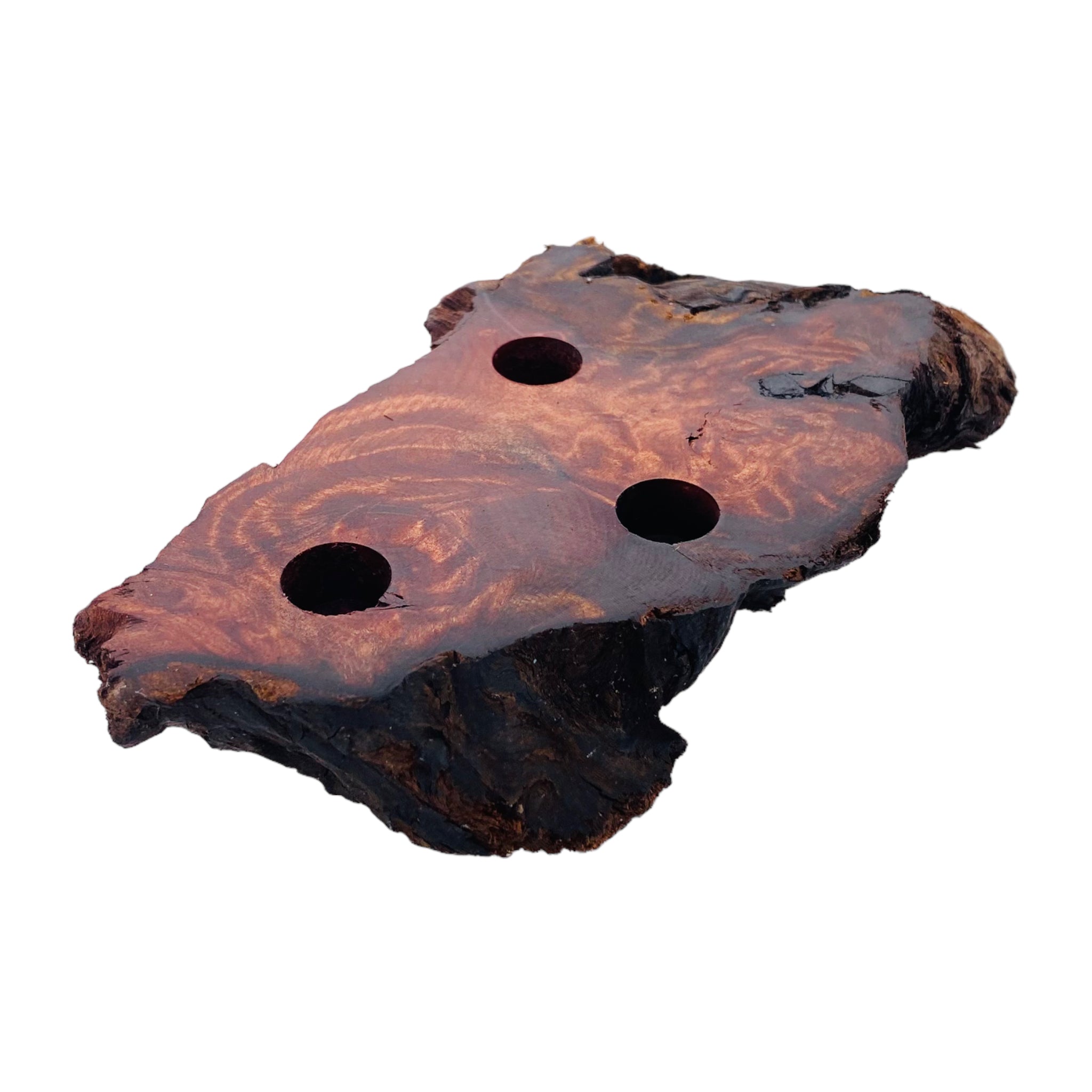 3 Hole Wood Display Stand Holder For 14mm Bong Bowl Pieces Or Quartz Bangers - Red Wood Burl With Live Edge