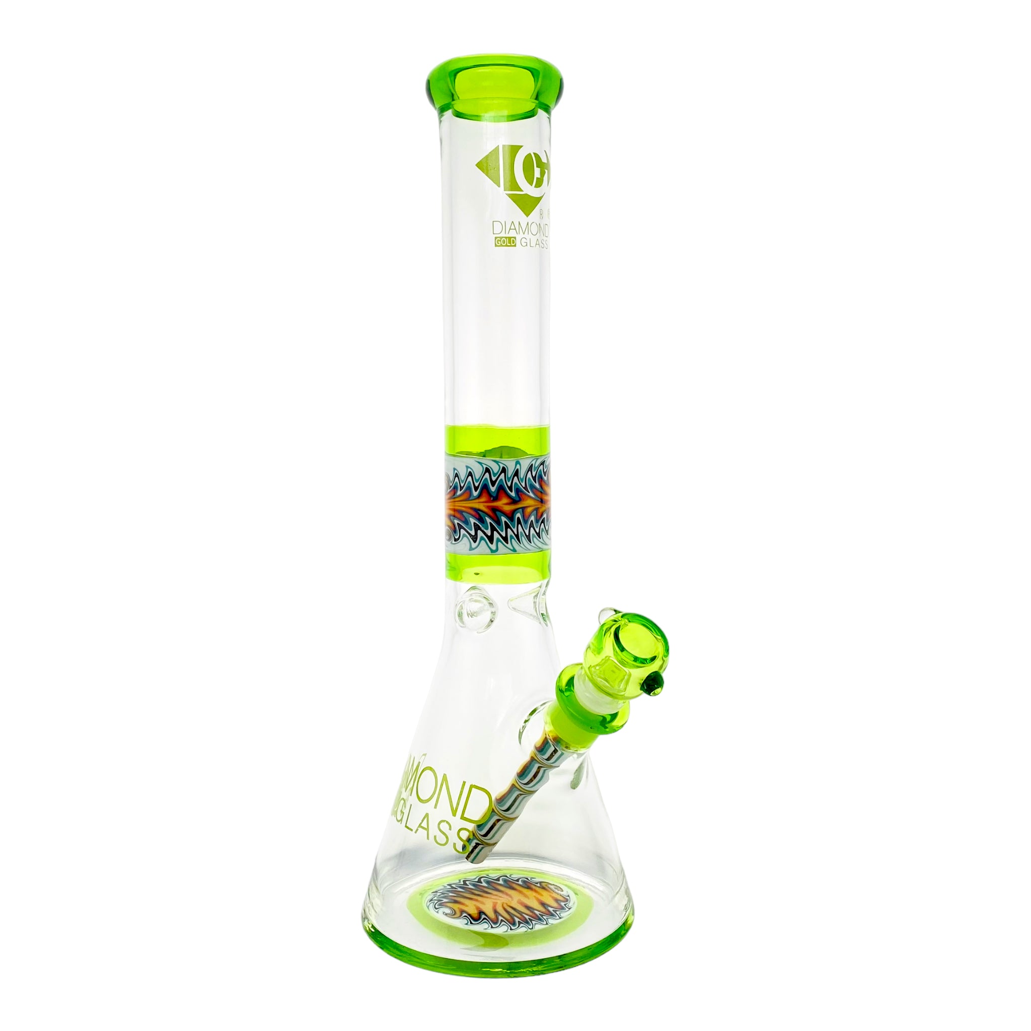 Diamond Glass - 15 Inch Green With Wig Wag Sections Beaker Bong