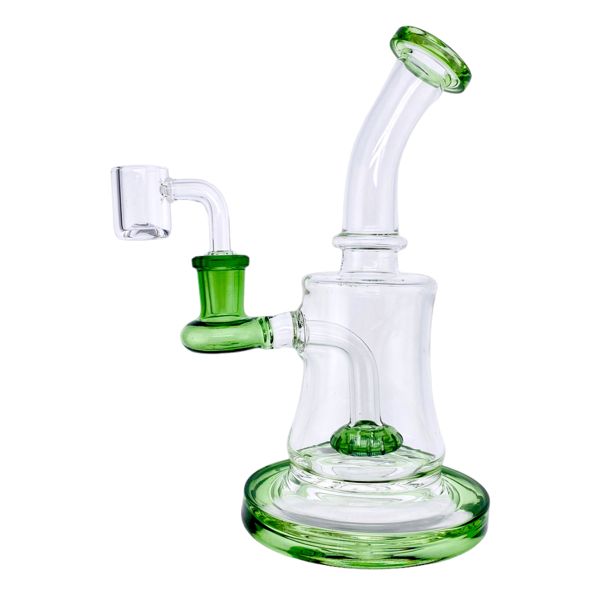 Small Clear Dab Rig With Green Showerhead Perc has 14mm female fitting