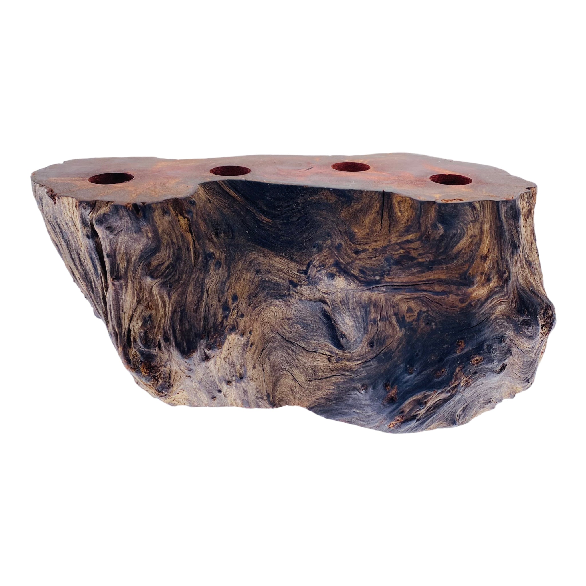 4 Hole Wood Display Stand Holder For 14mm Bong Bowl Pieces Or Quartz Bangers - Red Wood Burl With Live Edge