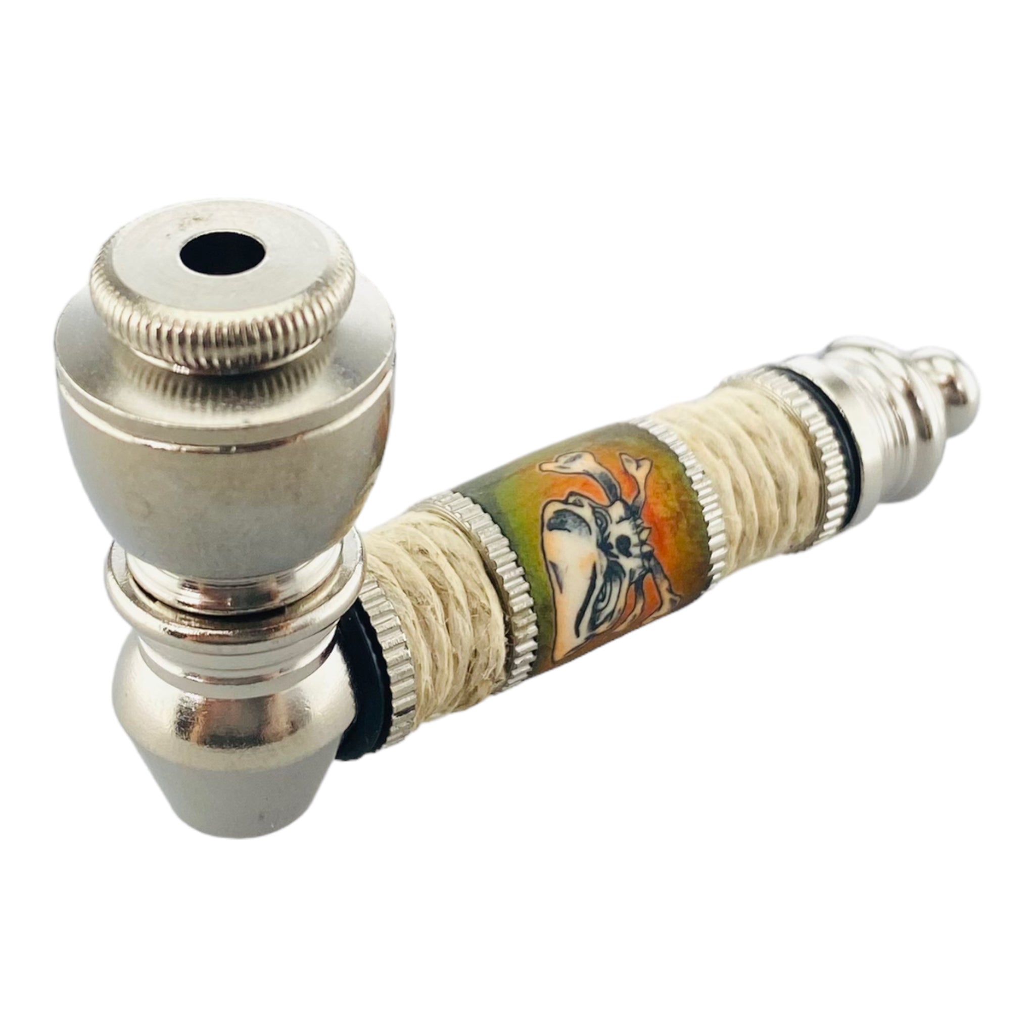 Silver Chrome Hand Pipe With Green Skull And Crossbones