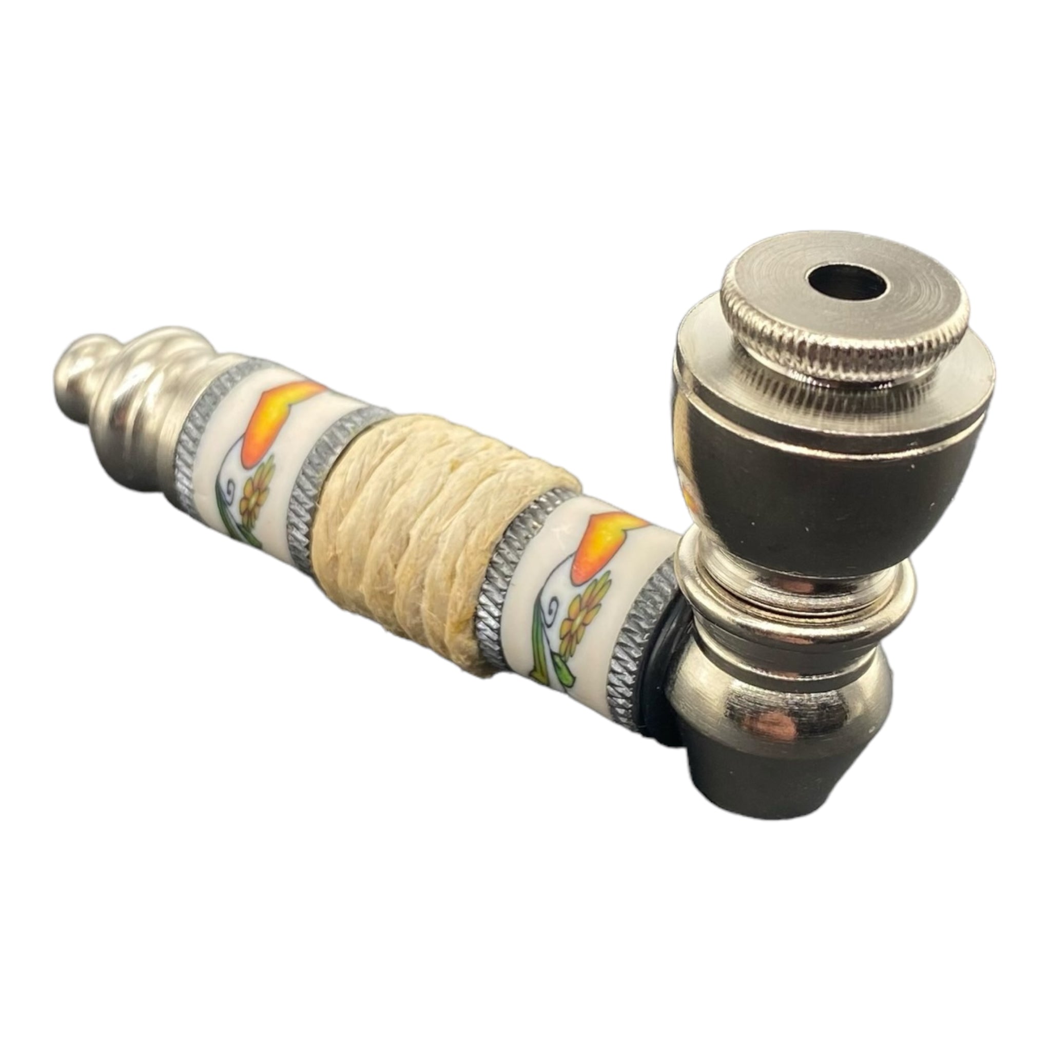 Metal Hand Pipes - Silver Chrome Hand Pipe With Orange Heart And Flowers With Hemp Twist