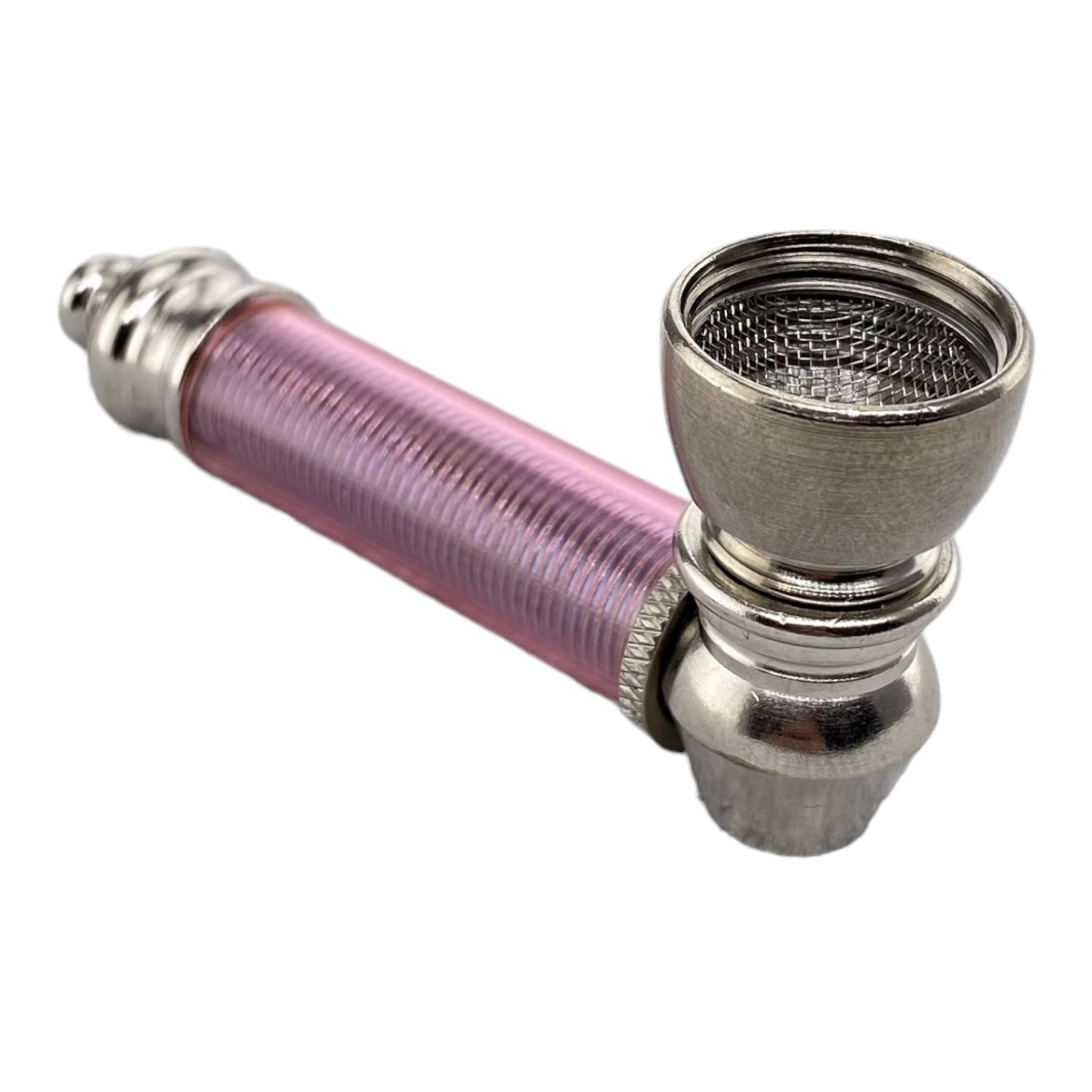 Metal Hand Pipes - Silver Chrome Hand Pipe With Pink Plastic Stem