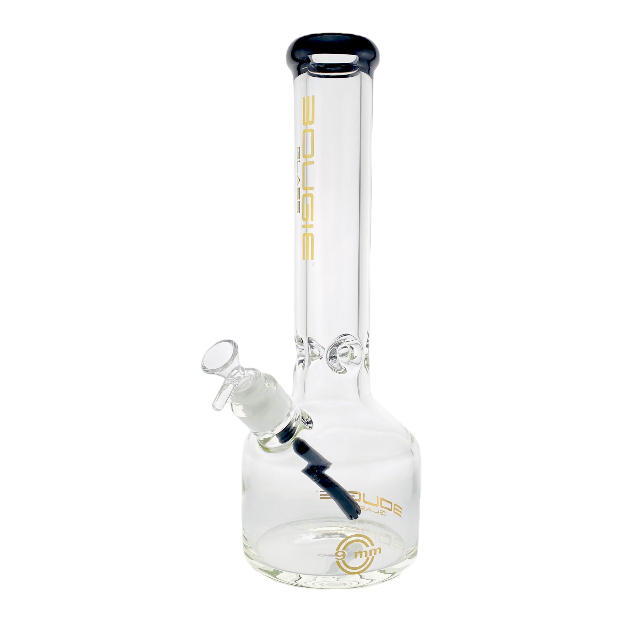 Bougie Glass - 9mm Thick Straight Cylinder Beaker Bong - Black mouthpiece and black downstem