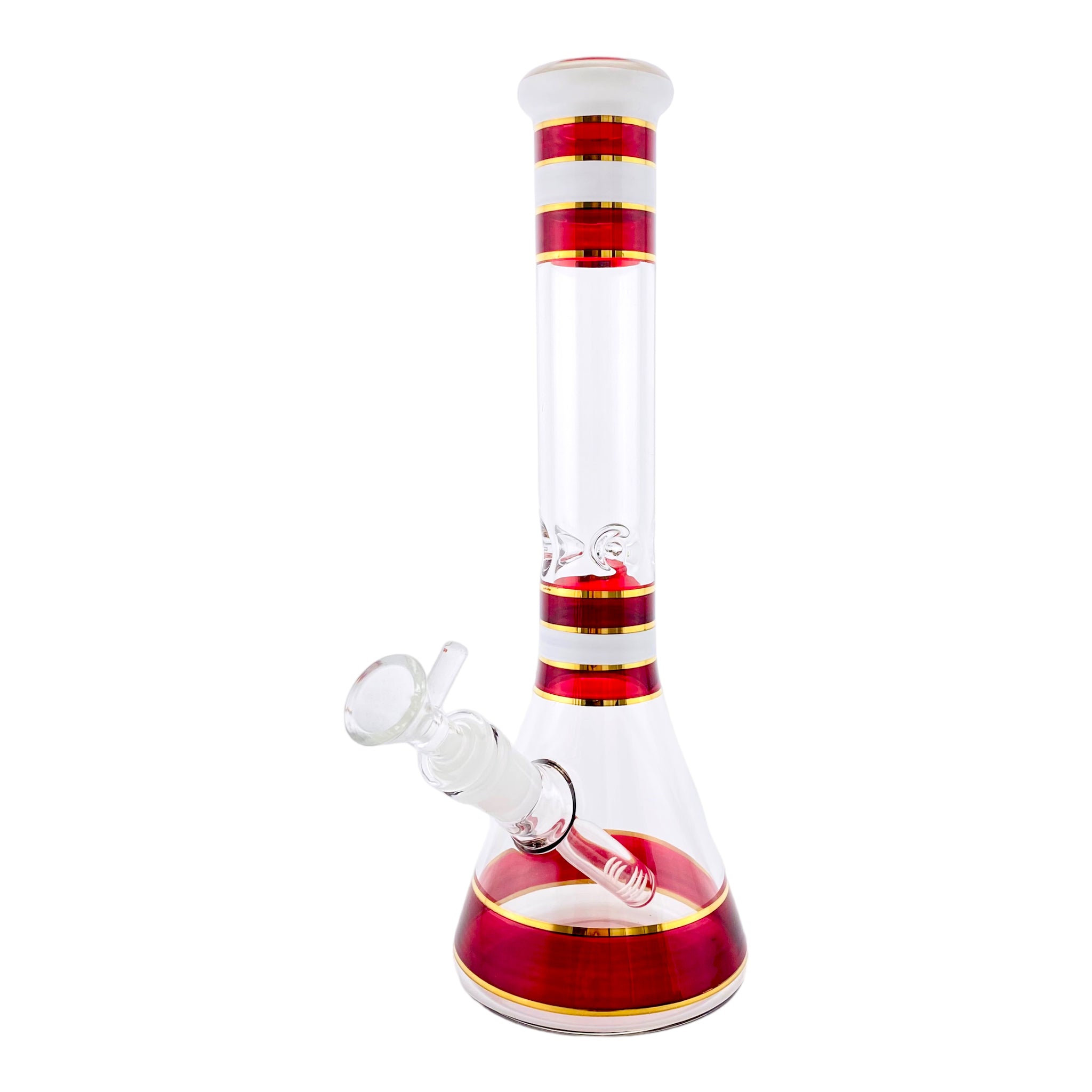 12 Inch Glass Beaker Bong With Red, White, And Gold Accents