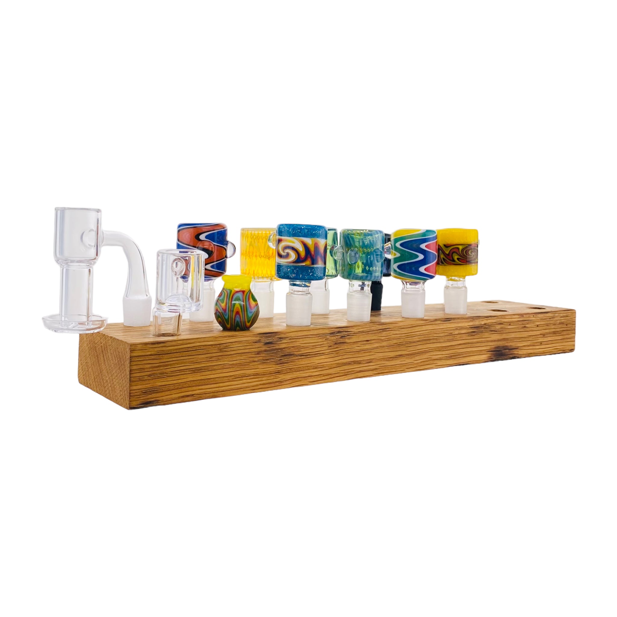 16 Hole Wood Display Stand Holder For 14mm Bong Bowl Pieces Or Quartz Bangers - Charred White Oak
