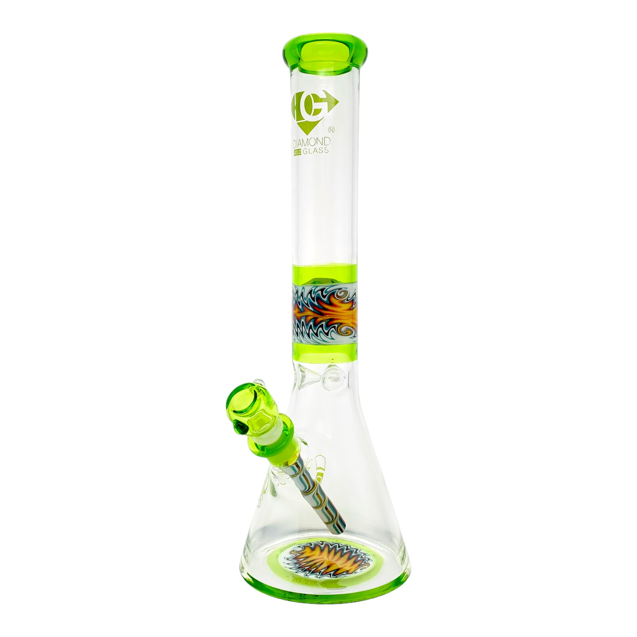 Diamond Glass - 15 Inch Green With Wig Wag Sections Beaker Bong