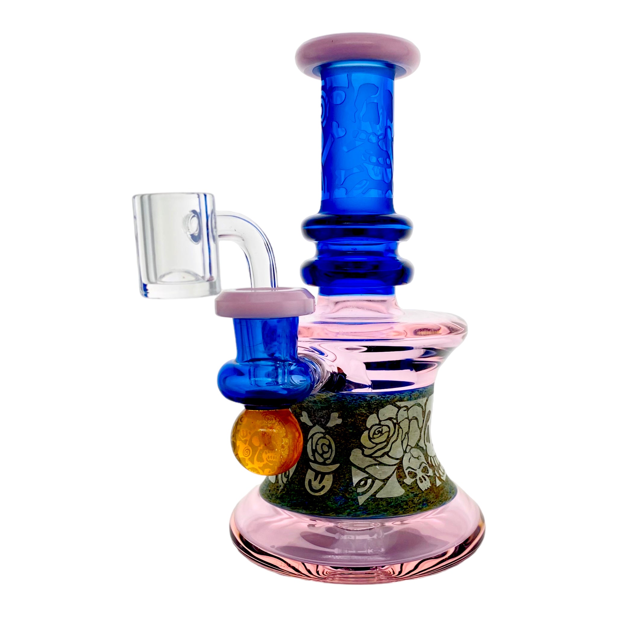 Pink And Blue Dab Rig With Sand Blasted Skulls And Roses