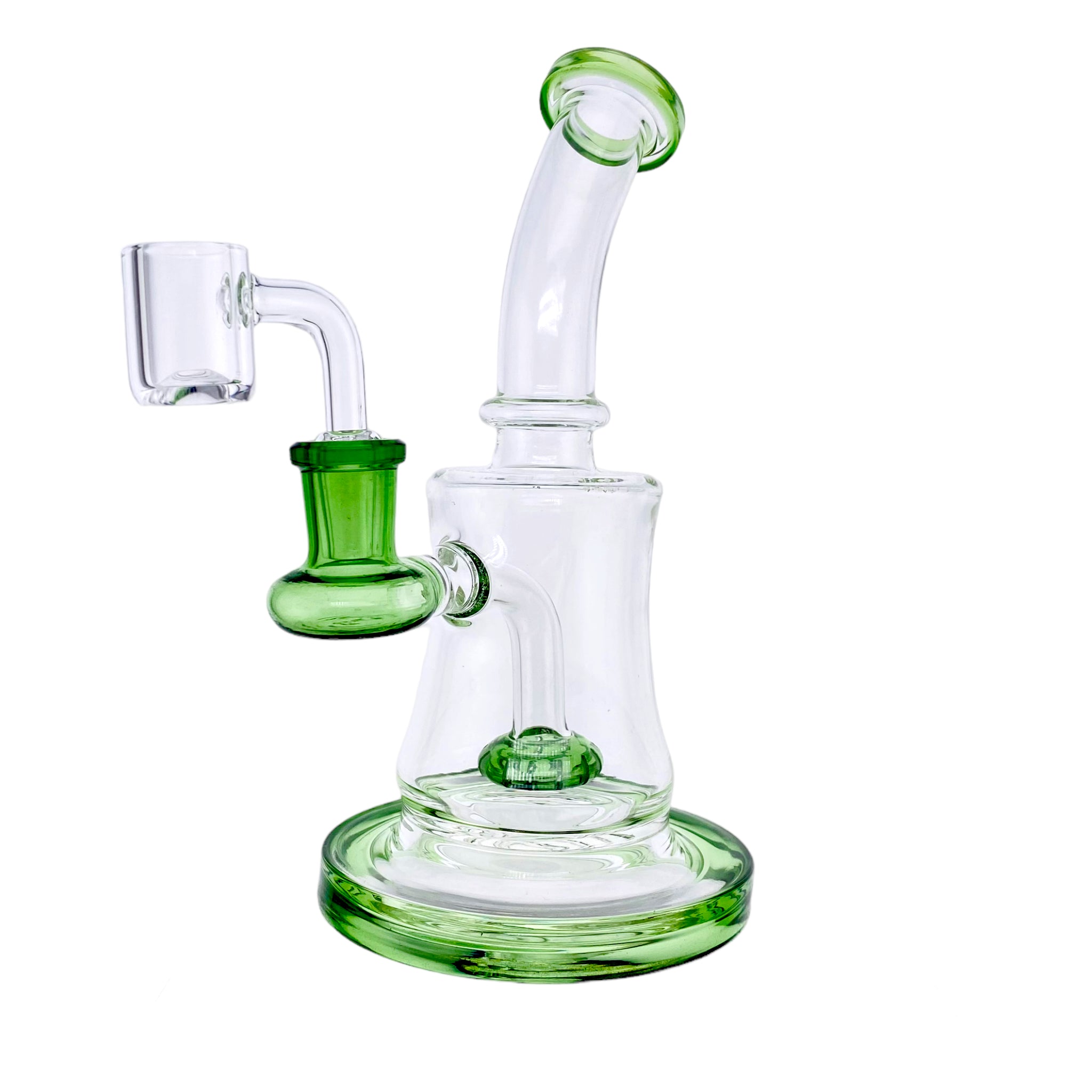 Small Clear Dab Rig With Green Showerhead Perc has 14mm female fitting
