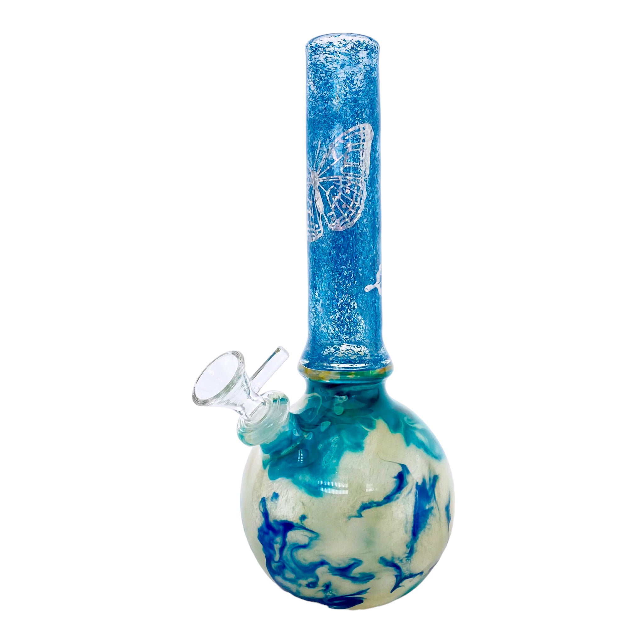 Oregon Blown Glass - Blue Glitter Butterfly Bubble Base Bong