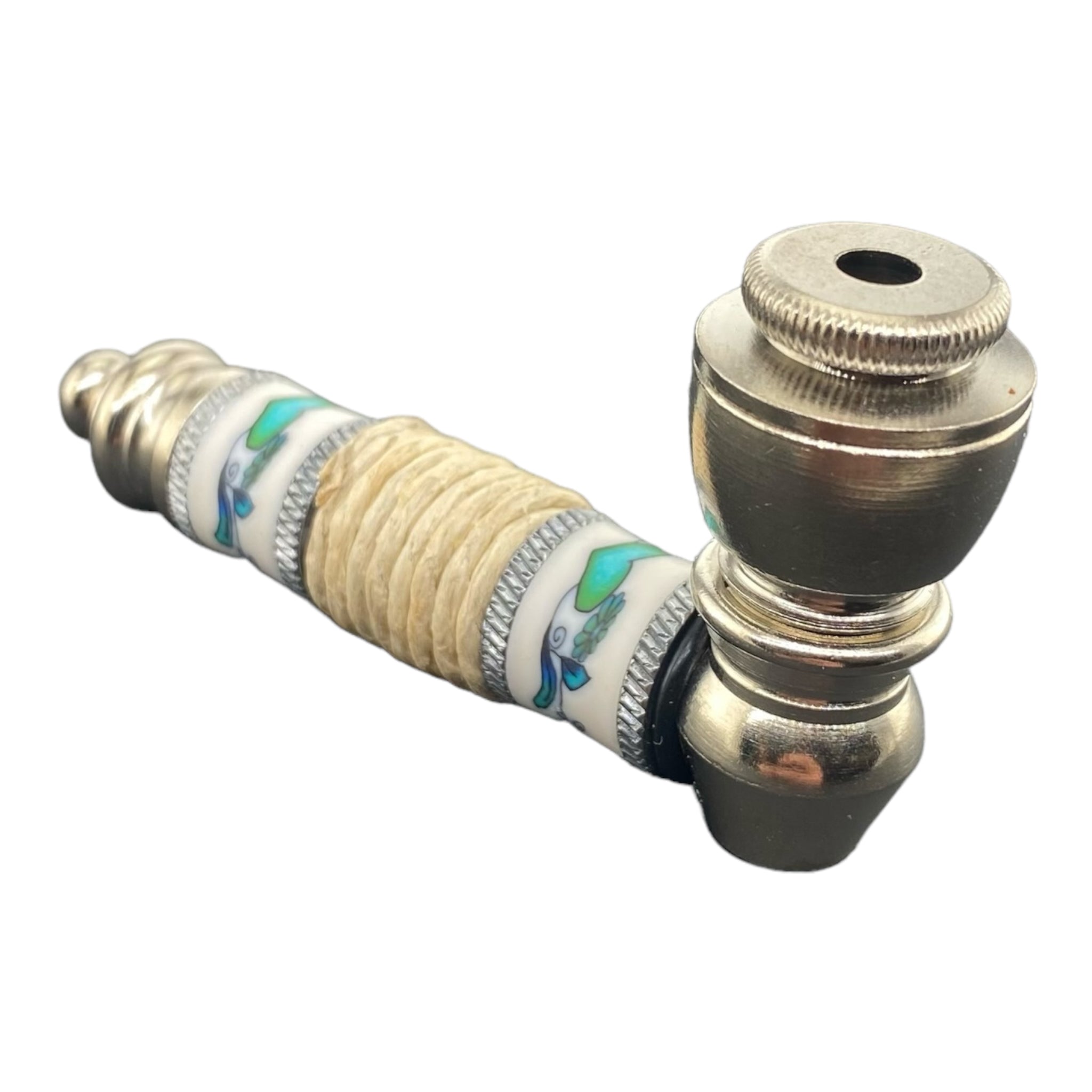 Metal Hand Pipes - Silver Chrome Hand Pipe With Teal Heart And Flowers With Hemp Twist