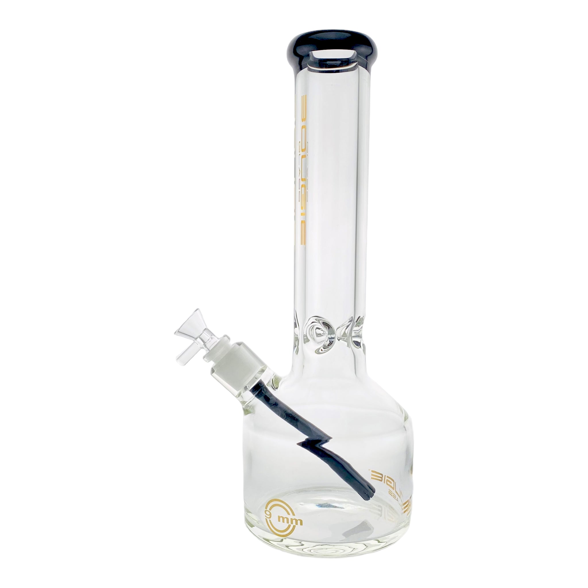 Bougie Glass - 9mm Thick Straight Cylinder Beaker Bong - Black mouthpiece and black downstem
