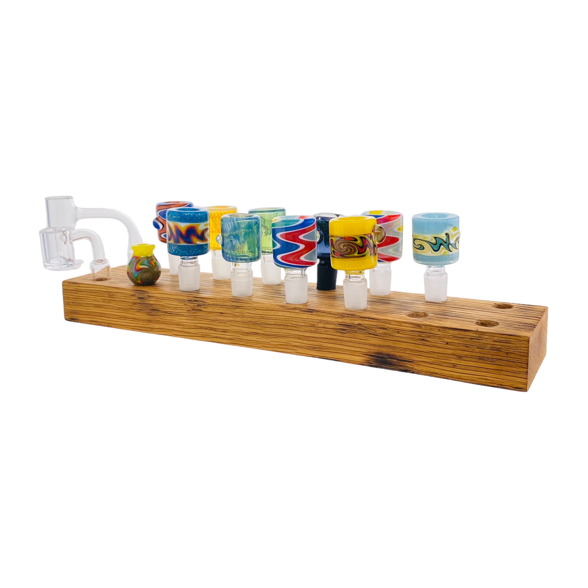 16 Hole Wood Display Stand Holder For 14mm Bong Bowl Pieces Or Quartz Bangers - Charred White Oak
