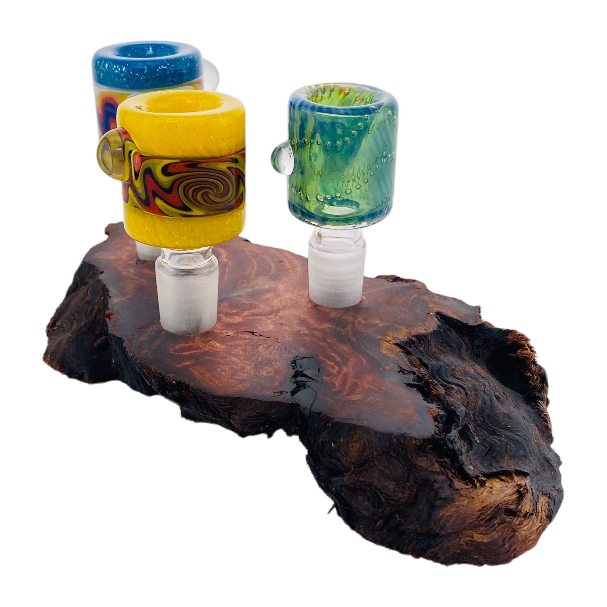 3 Hole Wood Display Stand Holder For 14mm Bong Bowl Pieces Or Quartz Bangers - Red Wood Burl With Live Edge