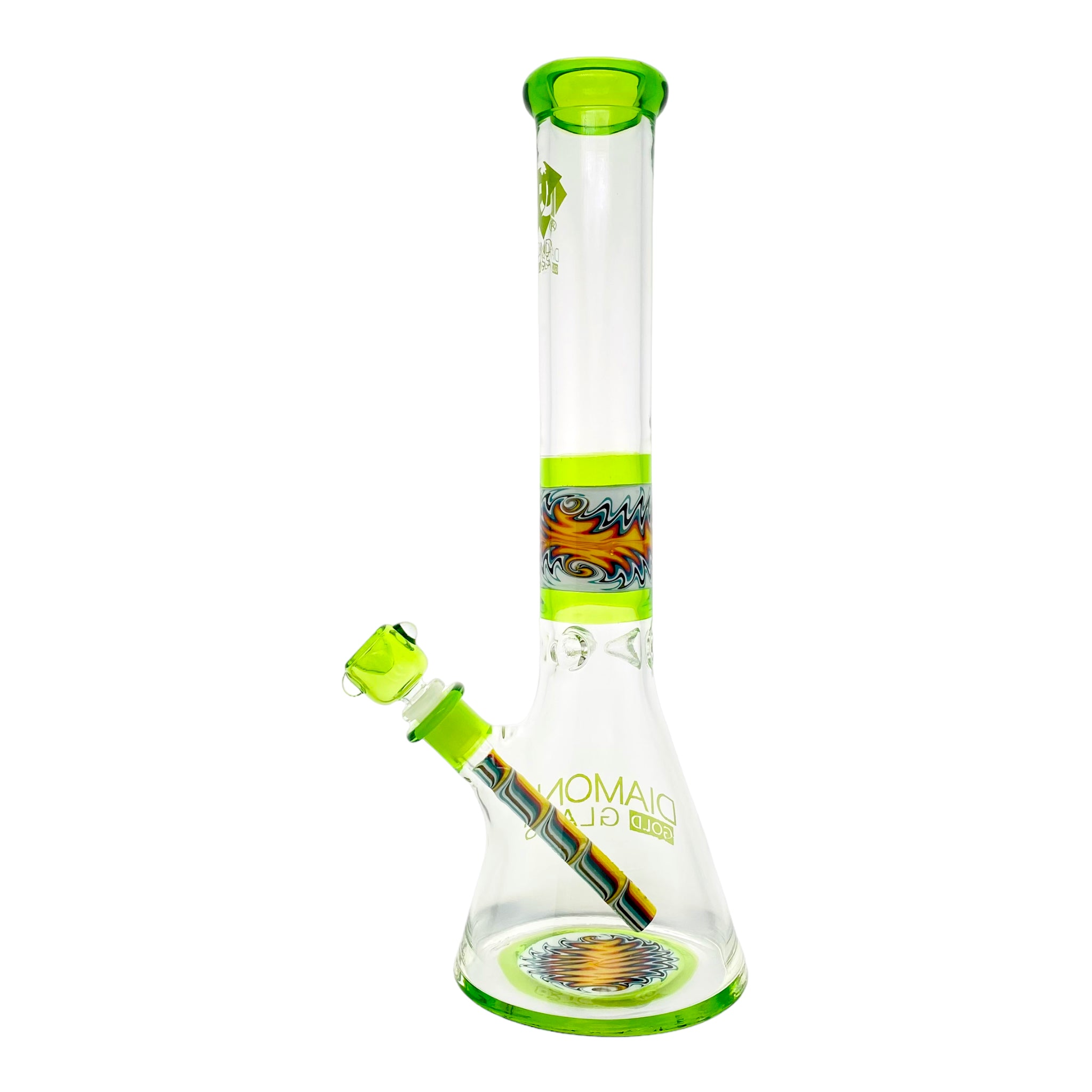 Diamond Glass - 15 Inch Green With Wig Wag Sections Beaker Bong