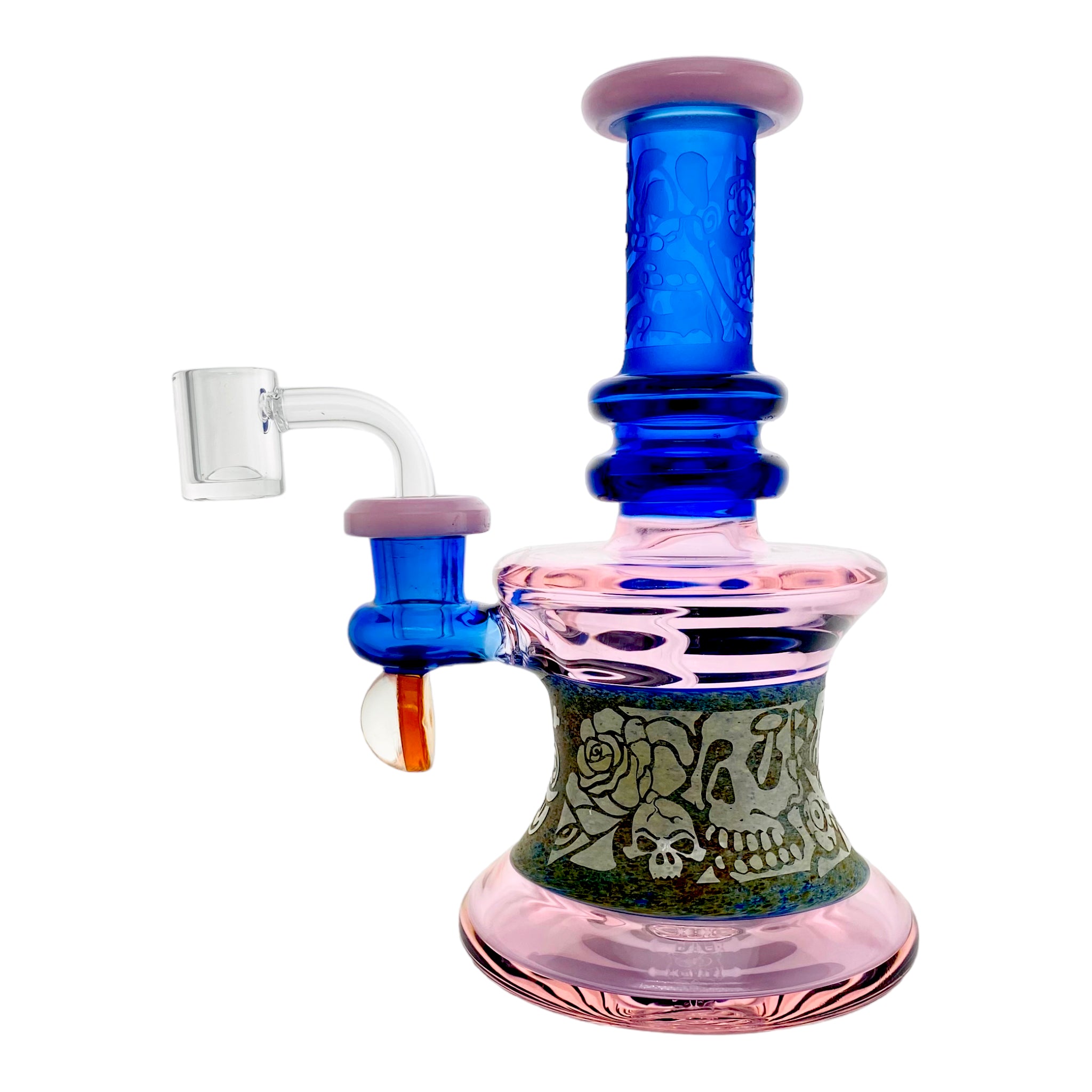 Pink And Blue Dab Rig With Sand Blasted Skulls And Roses