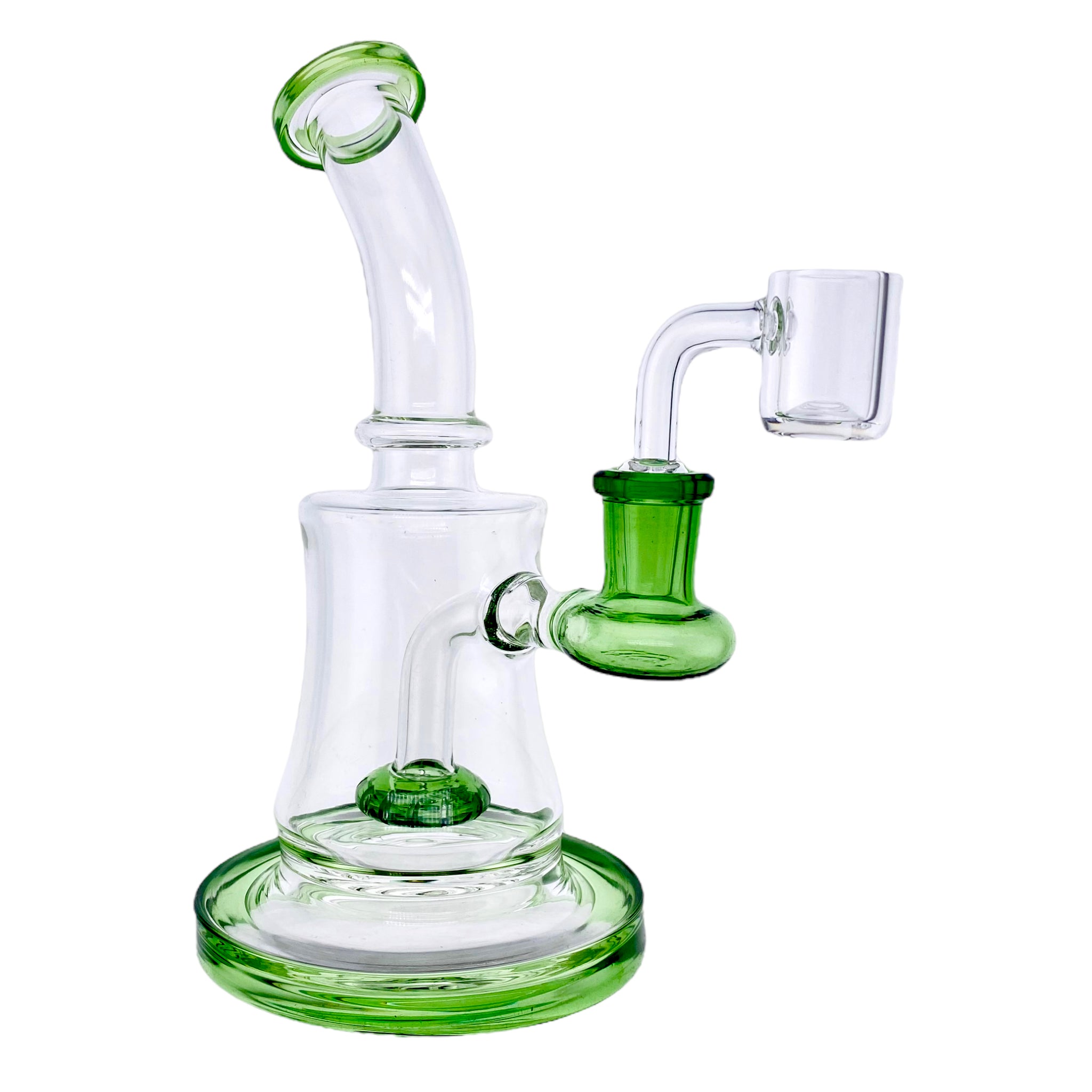 Small Clear Dab Rig With Green Showerhead Perc has 14mm female fitting