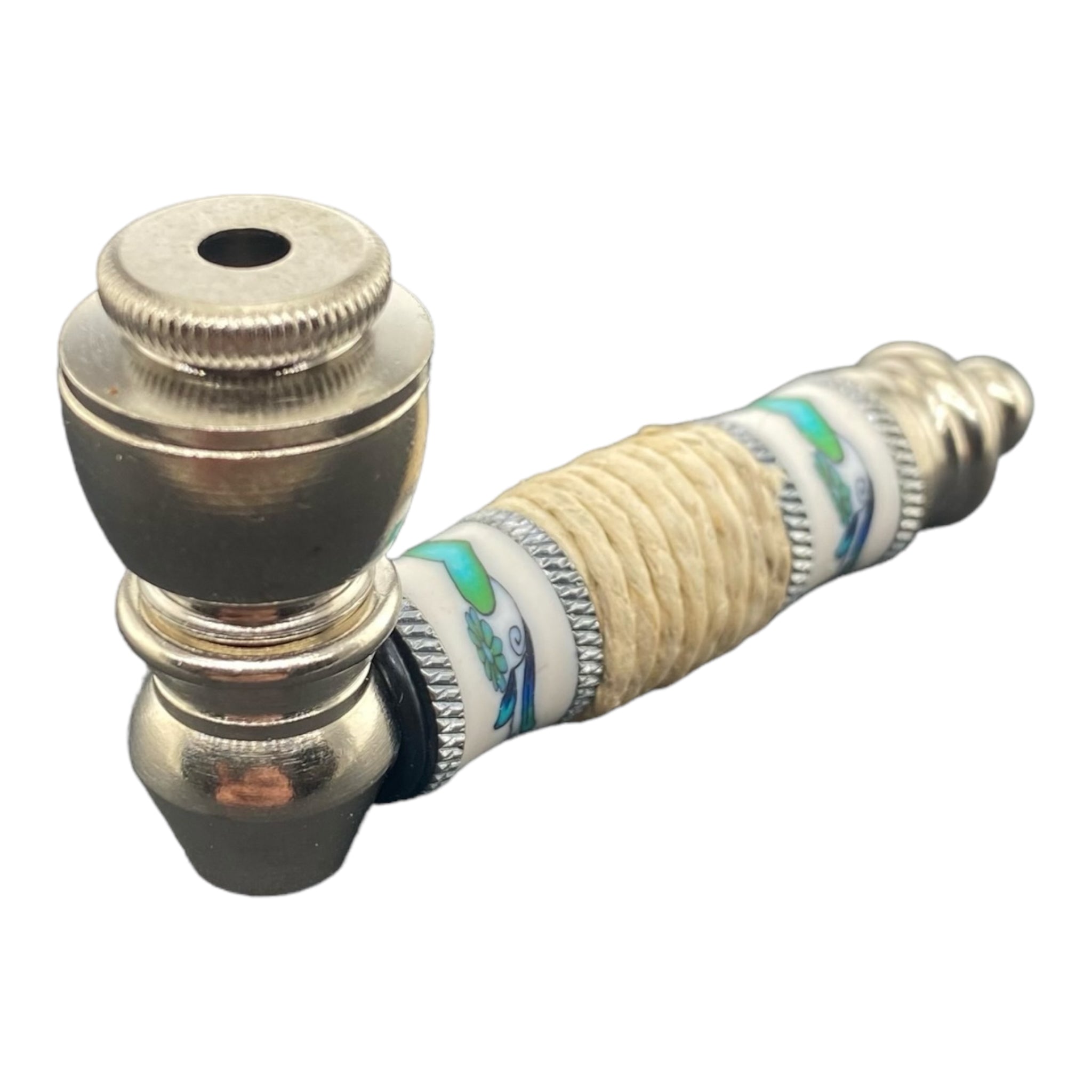 Metal Hand Pipes - Silver Chrome Hand Pipe With Teal Heart And Flowers With Hemp Twist