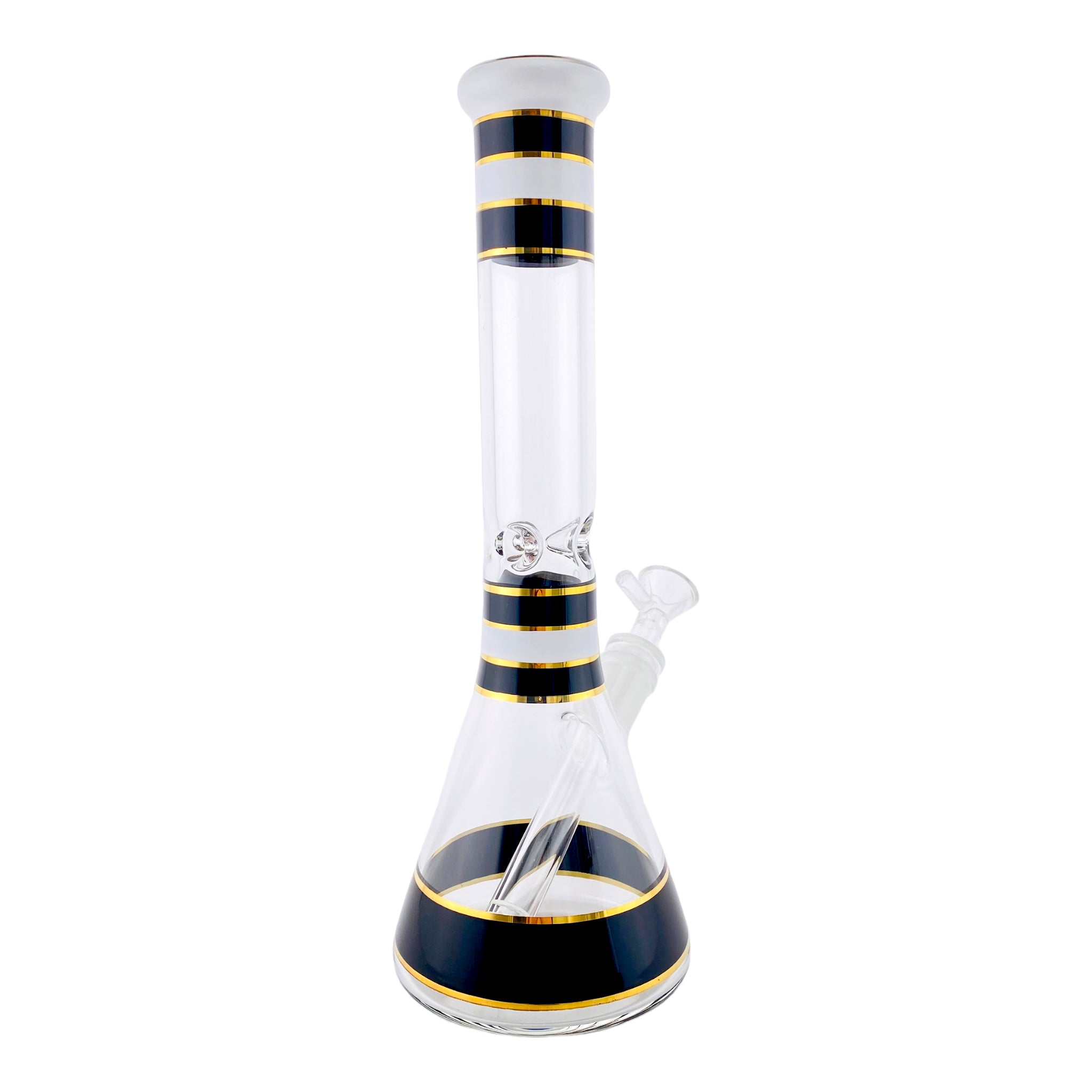 12 Inch Glass Beaker Bong With Black, White, And Gold Accents