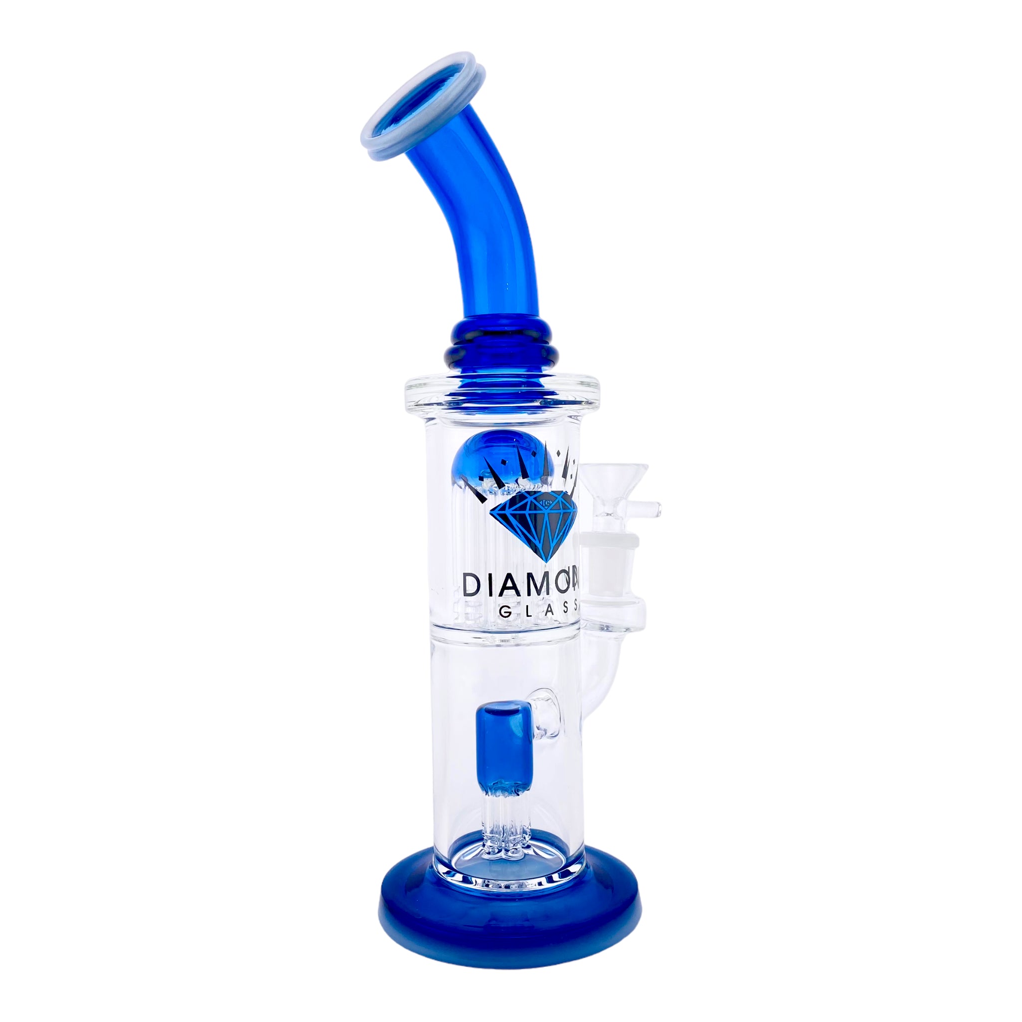 Diamond Glass Bubbler Bong With Double Tree Perc & Blue & White Accents