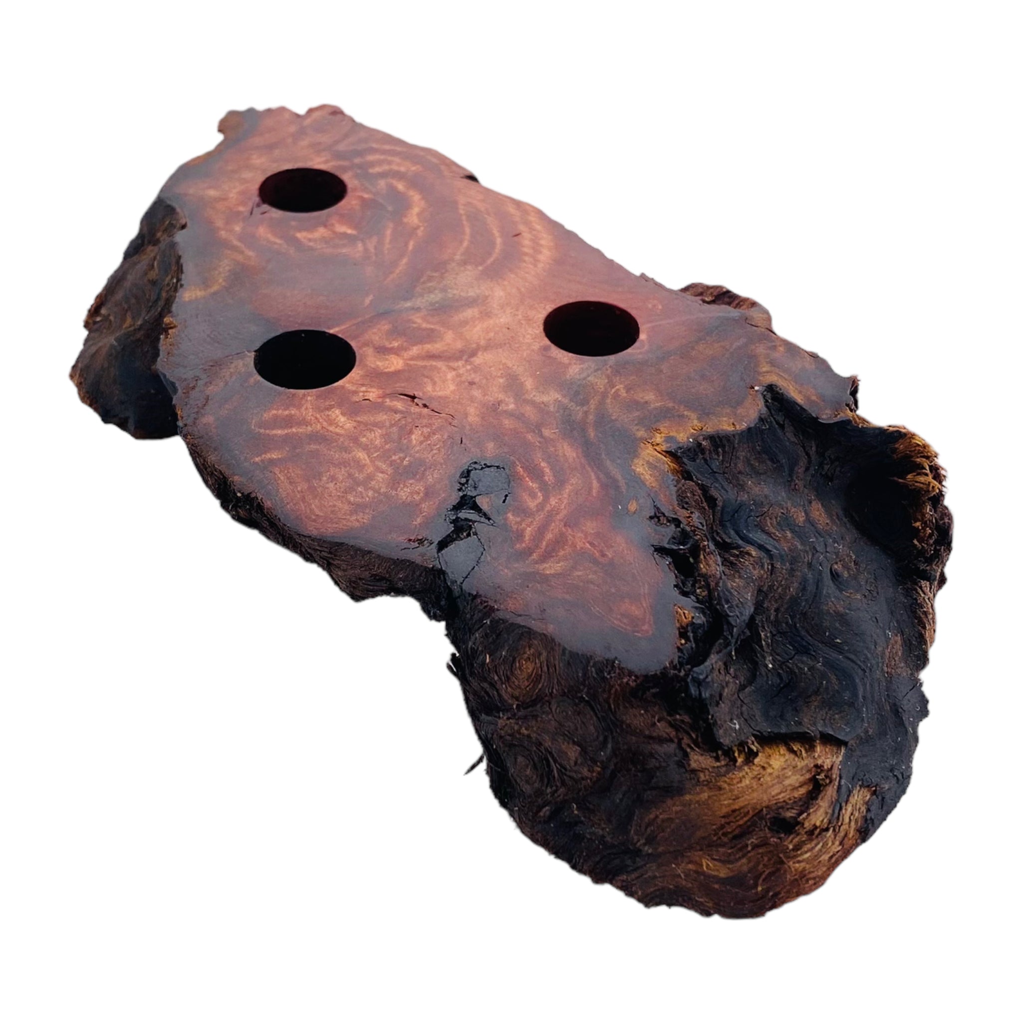 3 Hole Wood Display Stand Holder For 14mm Bong Bowl Pieces Or Quartz Bangers - Red Wood Burl With Live Edge