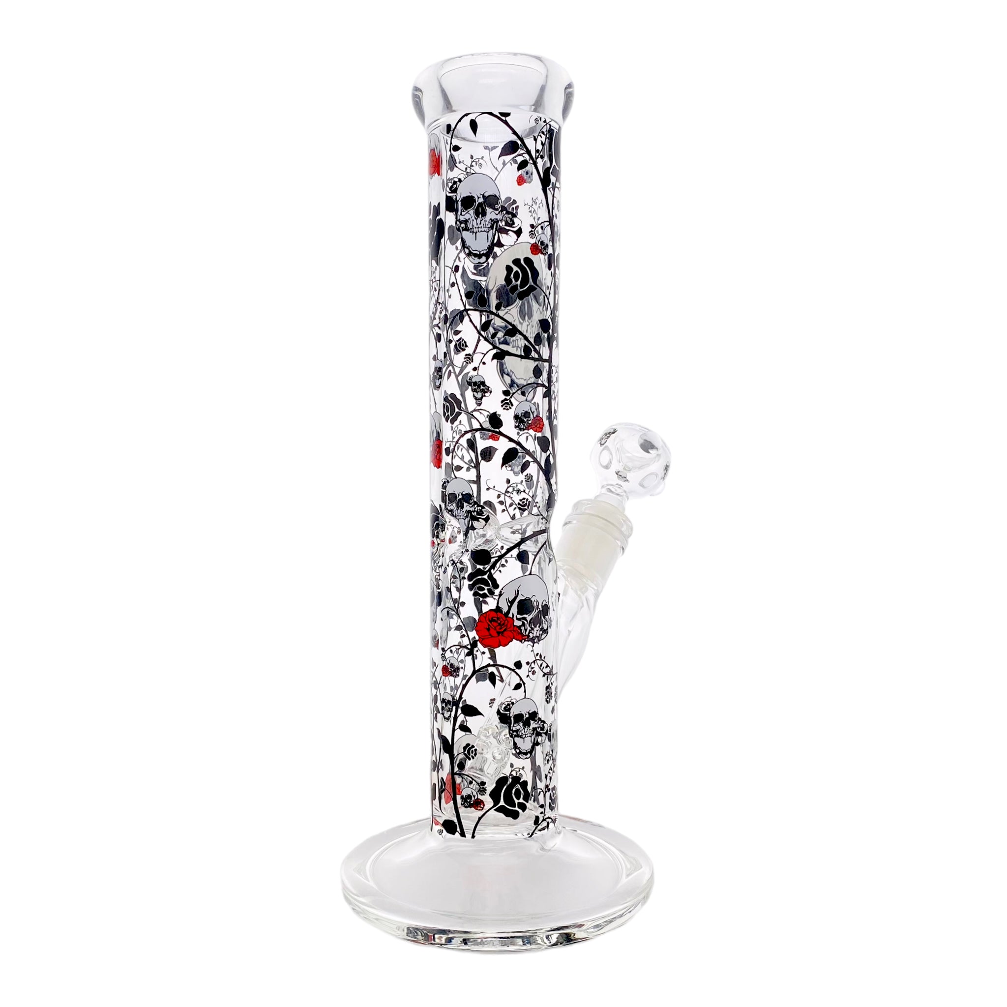 12 Inch Straight Tube Bong With Skull And Roses