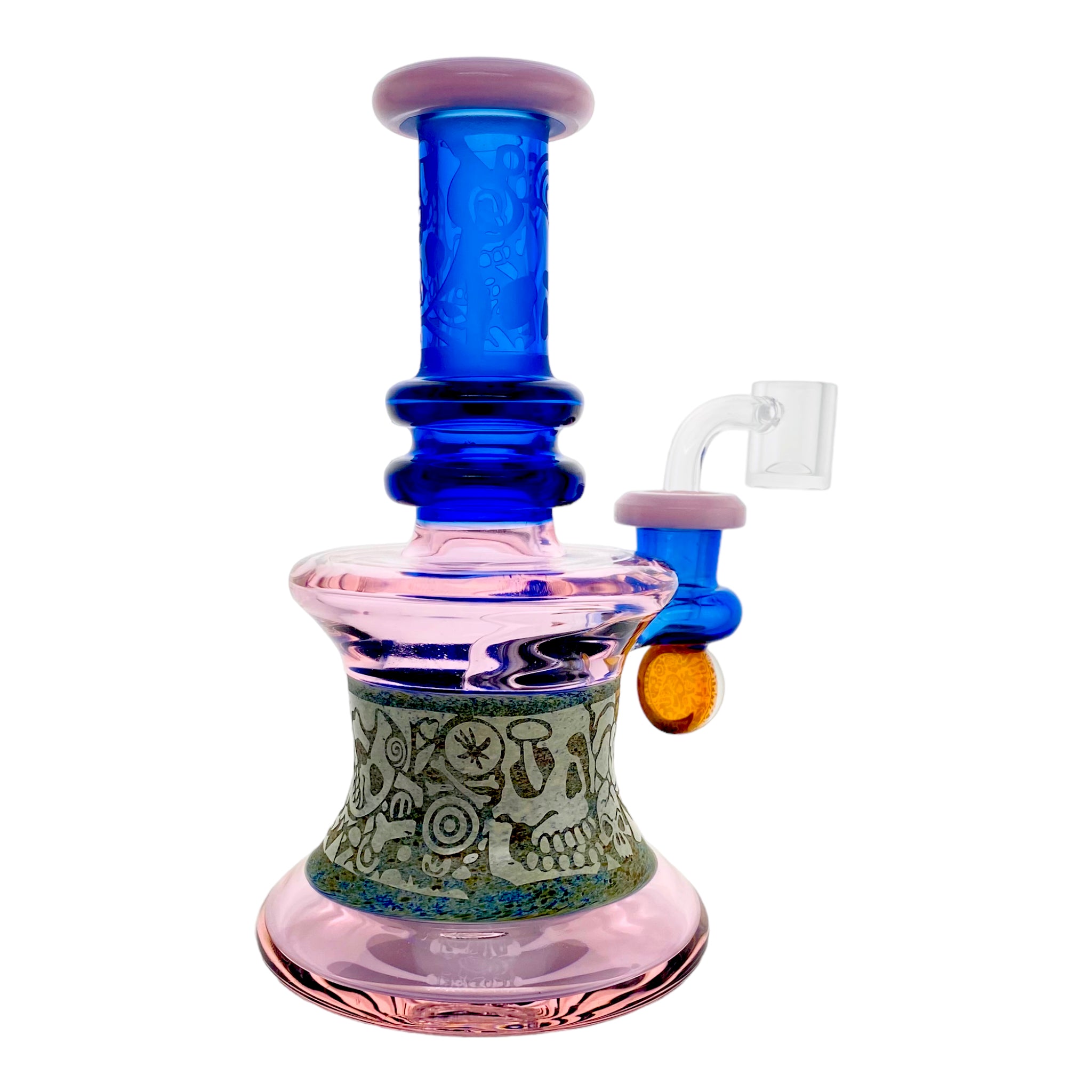 Pink And Blue Dab Rig With Sand Blasted Skulls And Roses