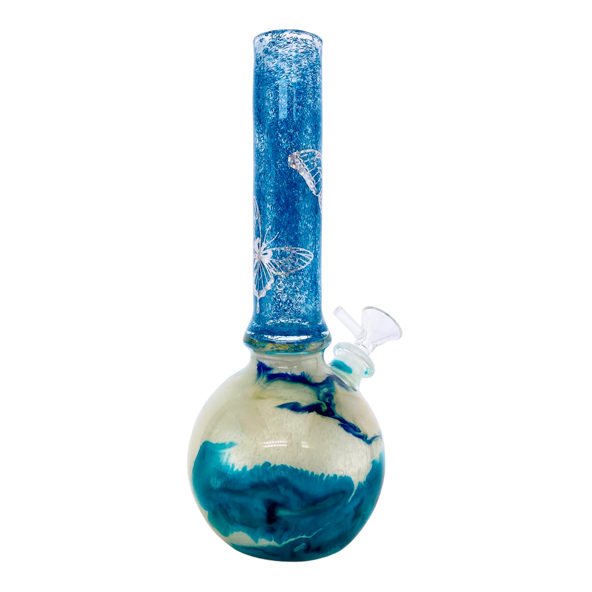 Oregon Blown Glass - Blue Glitter Butterfly Bubble Base Bong