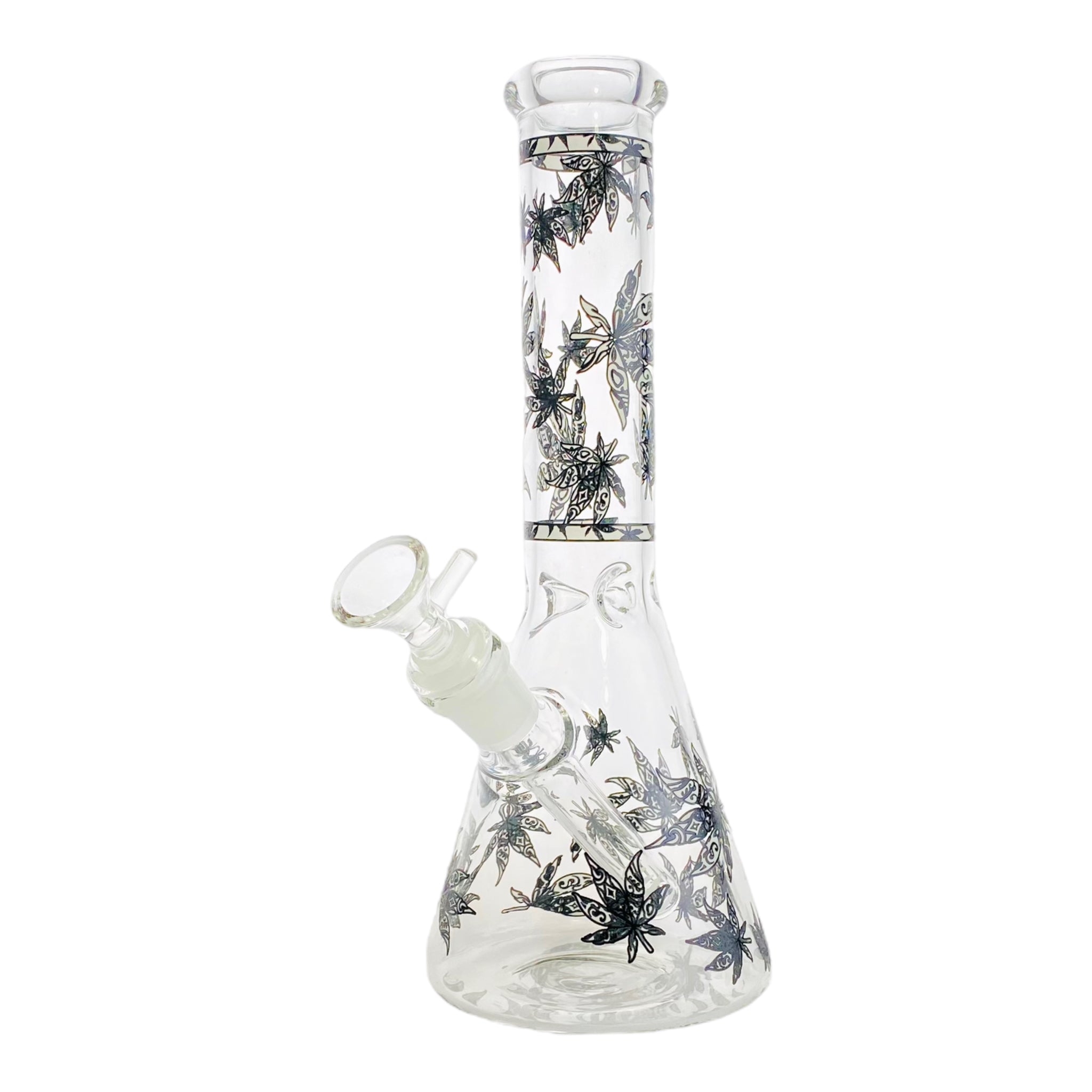 10 Inch Glass Beaker Bong with Decorative Weed Leaves