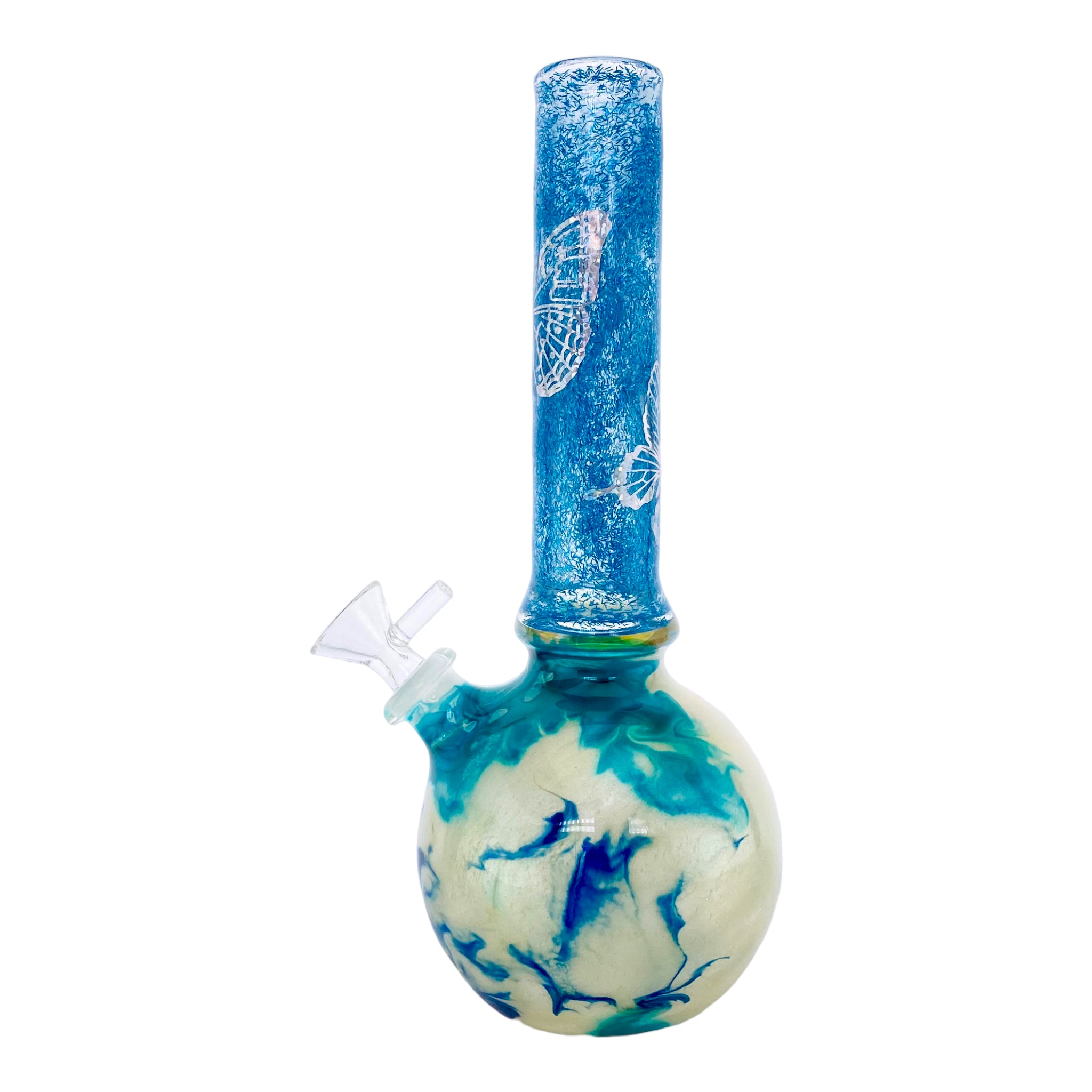 Oregon Blown Glass - Blue Glitter Butterfly Bubble Base Bong