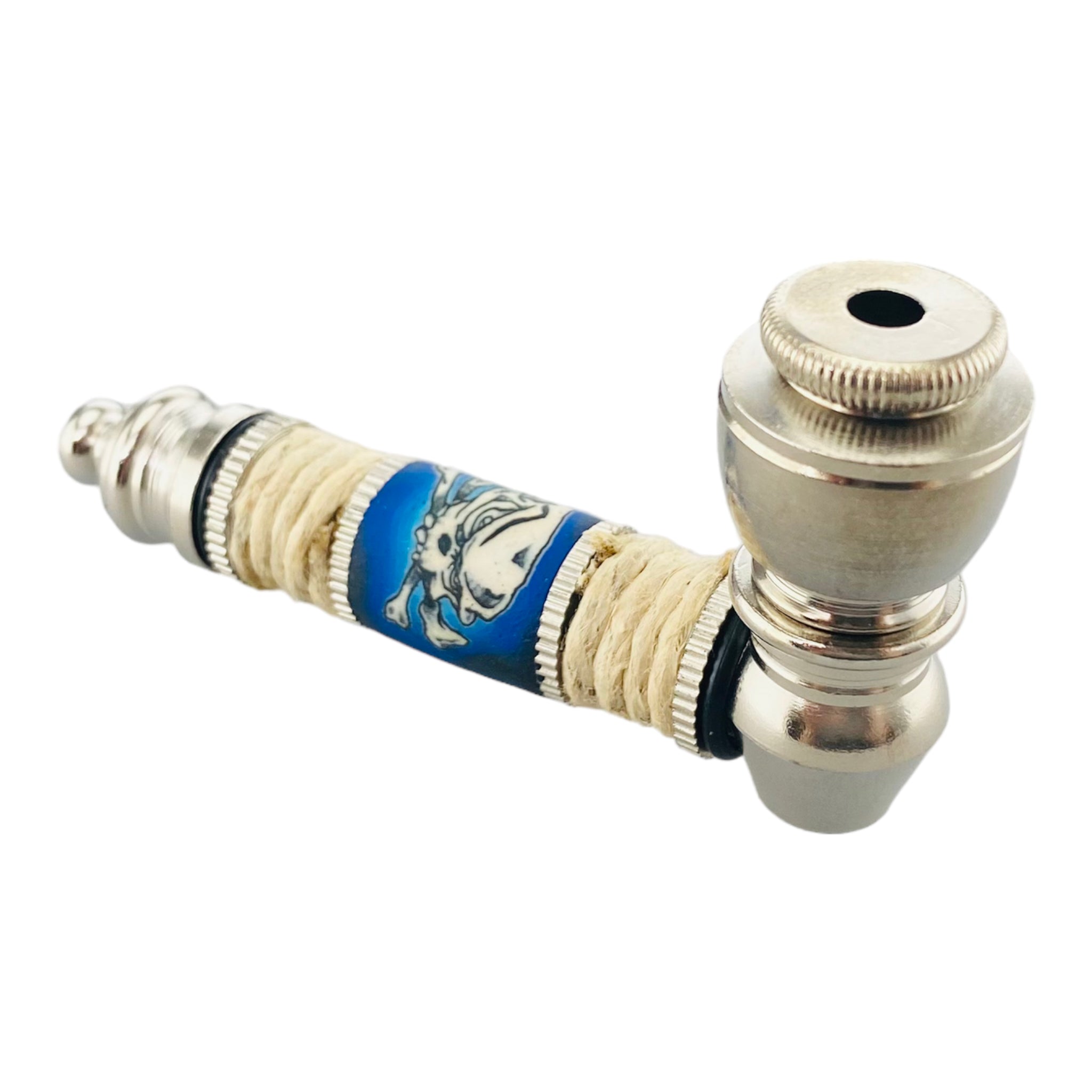 Silver Chrome Hand Pipe With Blue Skull And Crossbones