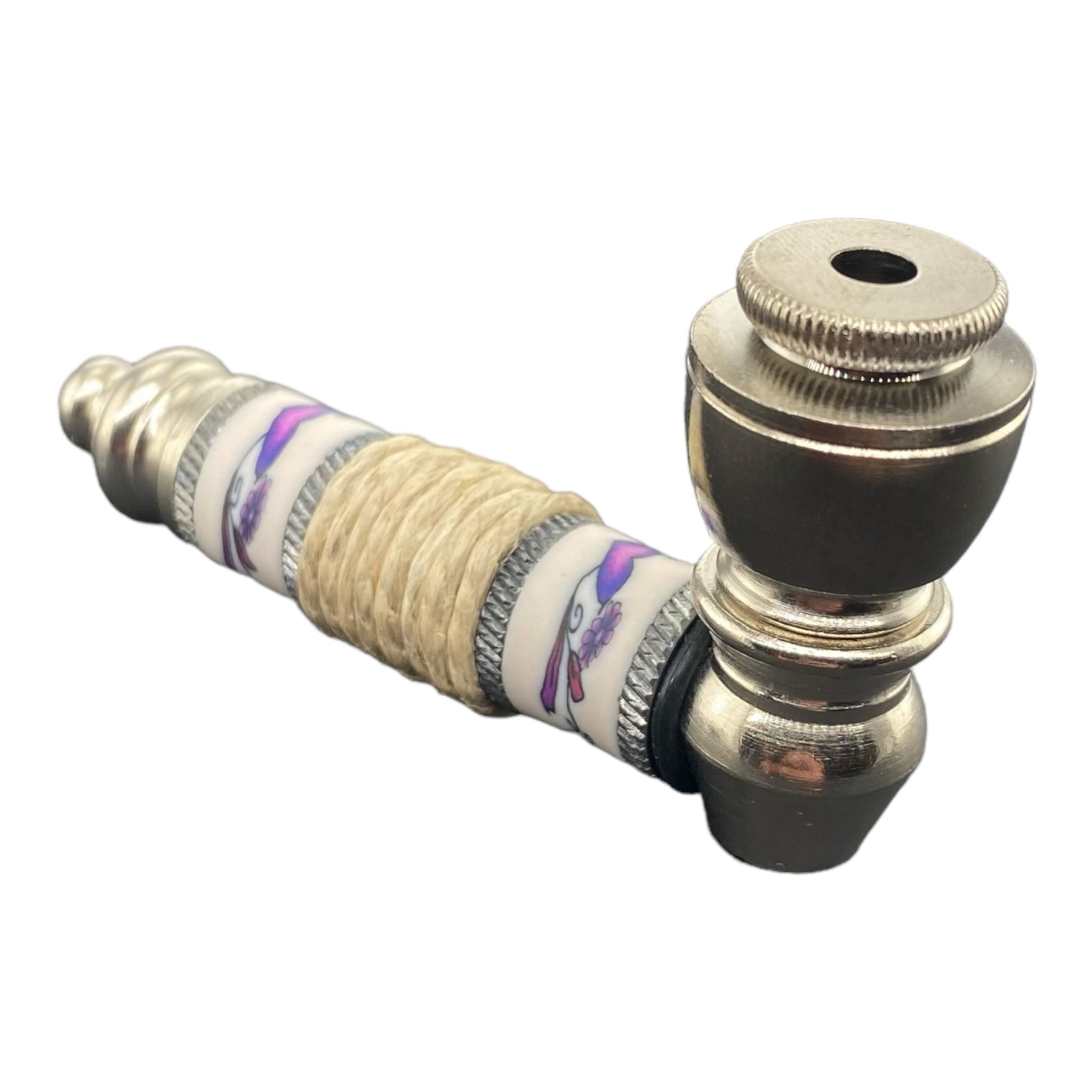 Metal Hand Pipes - Silver Chrome Hand Pipe With Purple Heart And Flowers With Hemp Twist