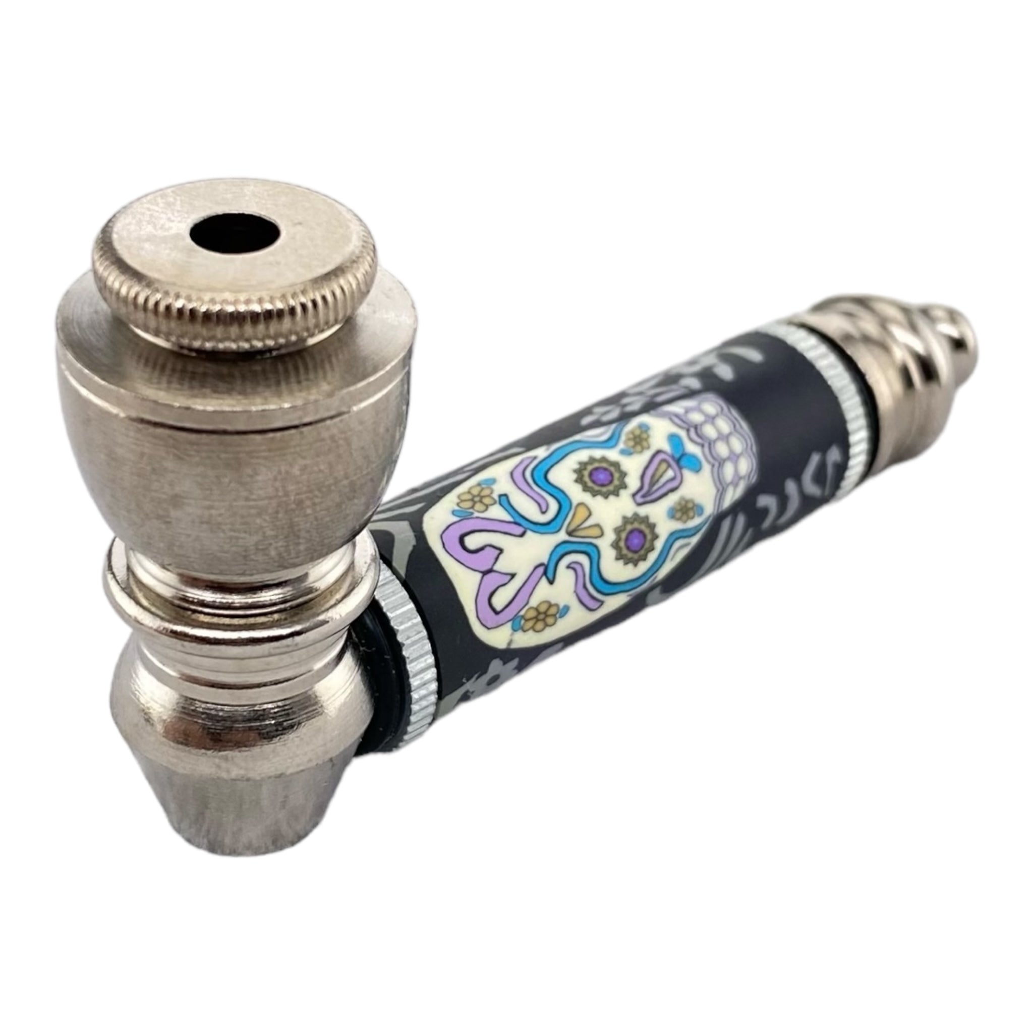 Metal Hand Pipes - Silver And Black Hand Pipe With Purple Candy Skull