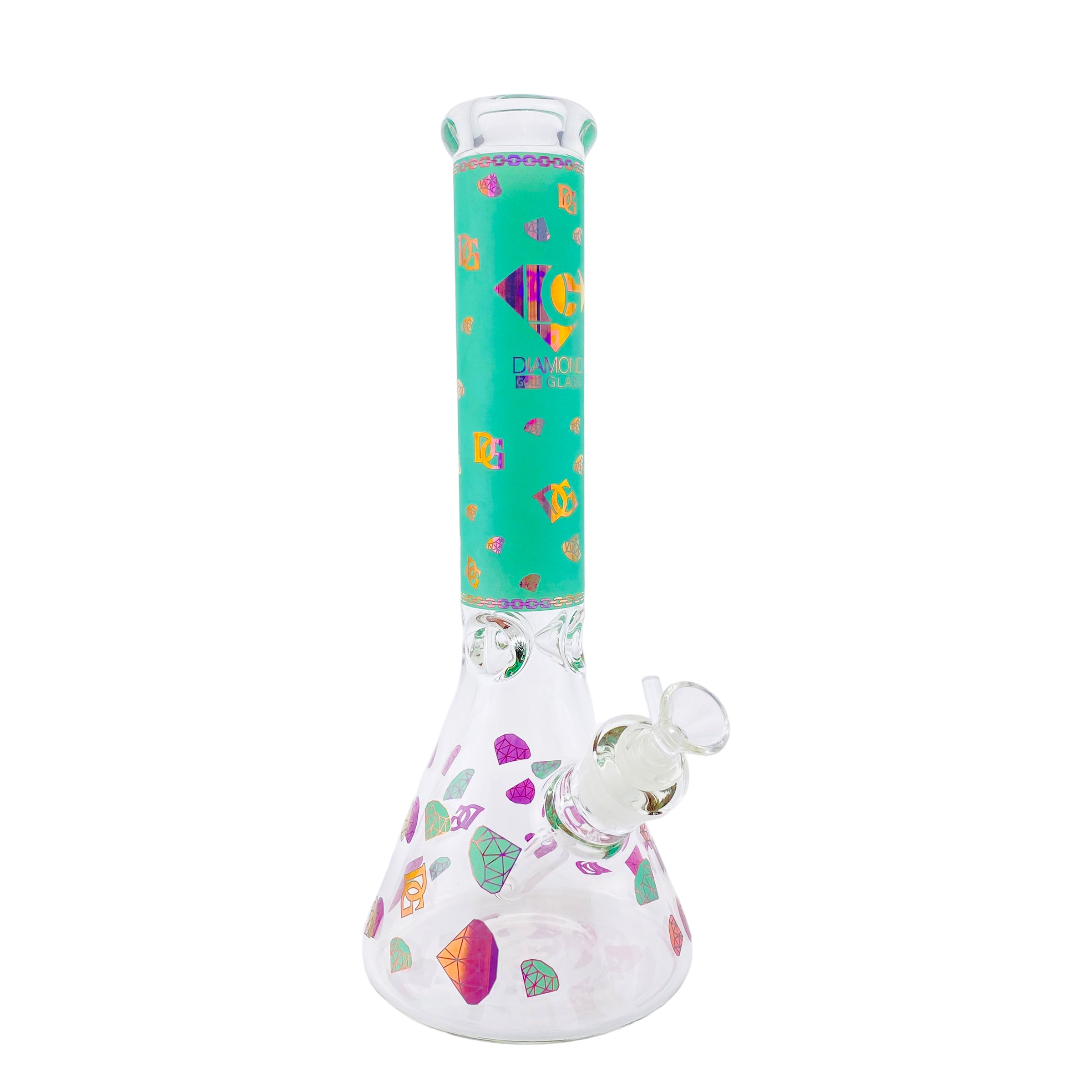 Diamond Glass 9mm Beaker Bong With Green And Pink Diamond Decals