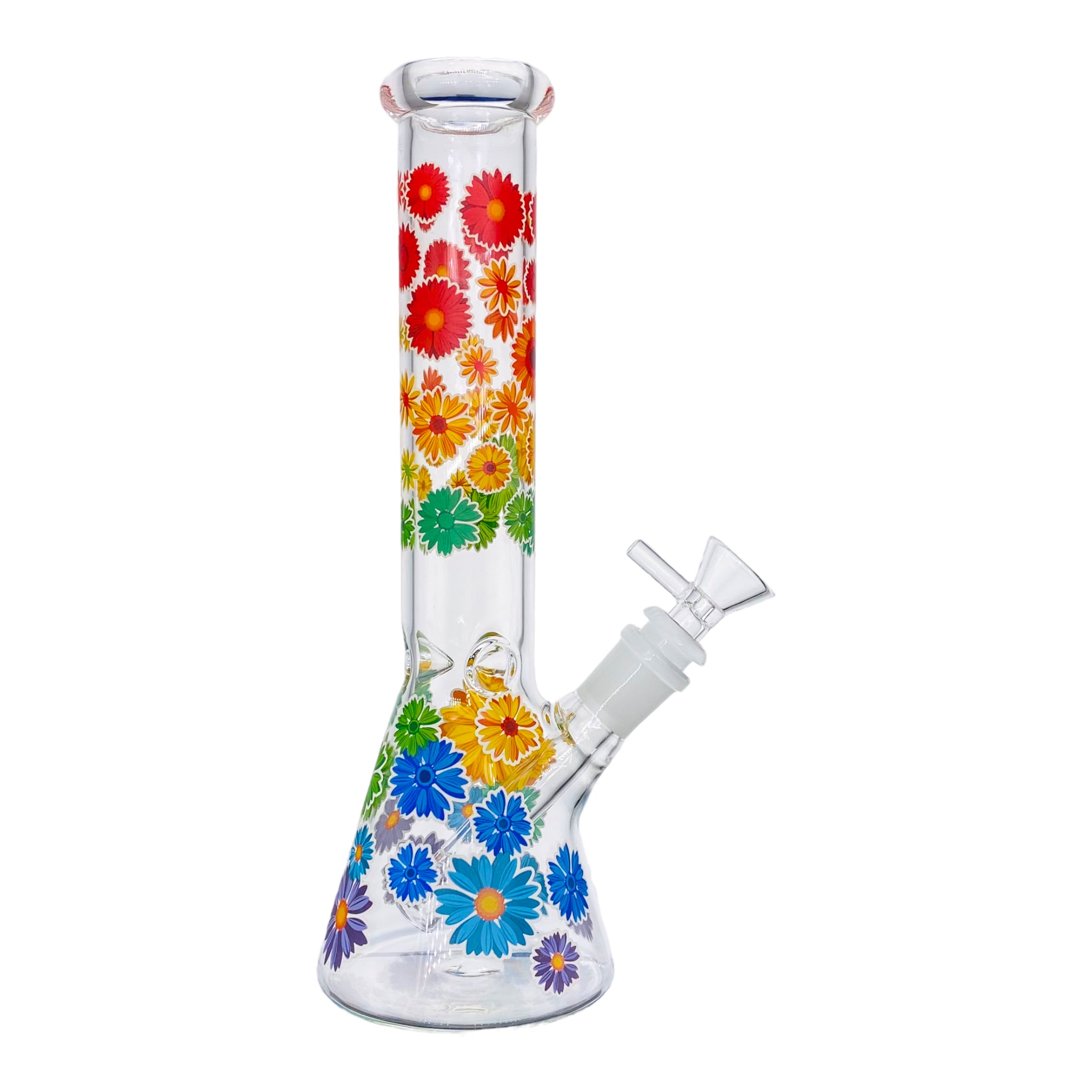 10 Inch Clear Beaker Glass Bong With Rainbow Daisy Flowers